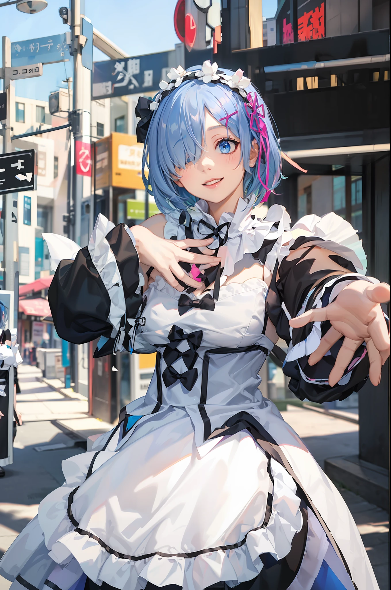 r_big breasts and big breasts_m, ((Beautiful face)),1girll,Short blue hair, Blue eyes, hair on one eye, hair adornments, pink hairband,standing,rem's maid uniform, Detached sleeves, white lace legwear,standing,  full body, Outdoors, Lake, Mountains, Streets, Flowers,