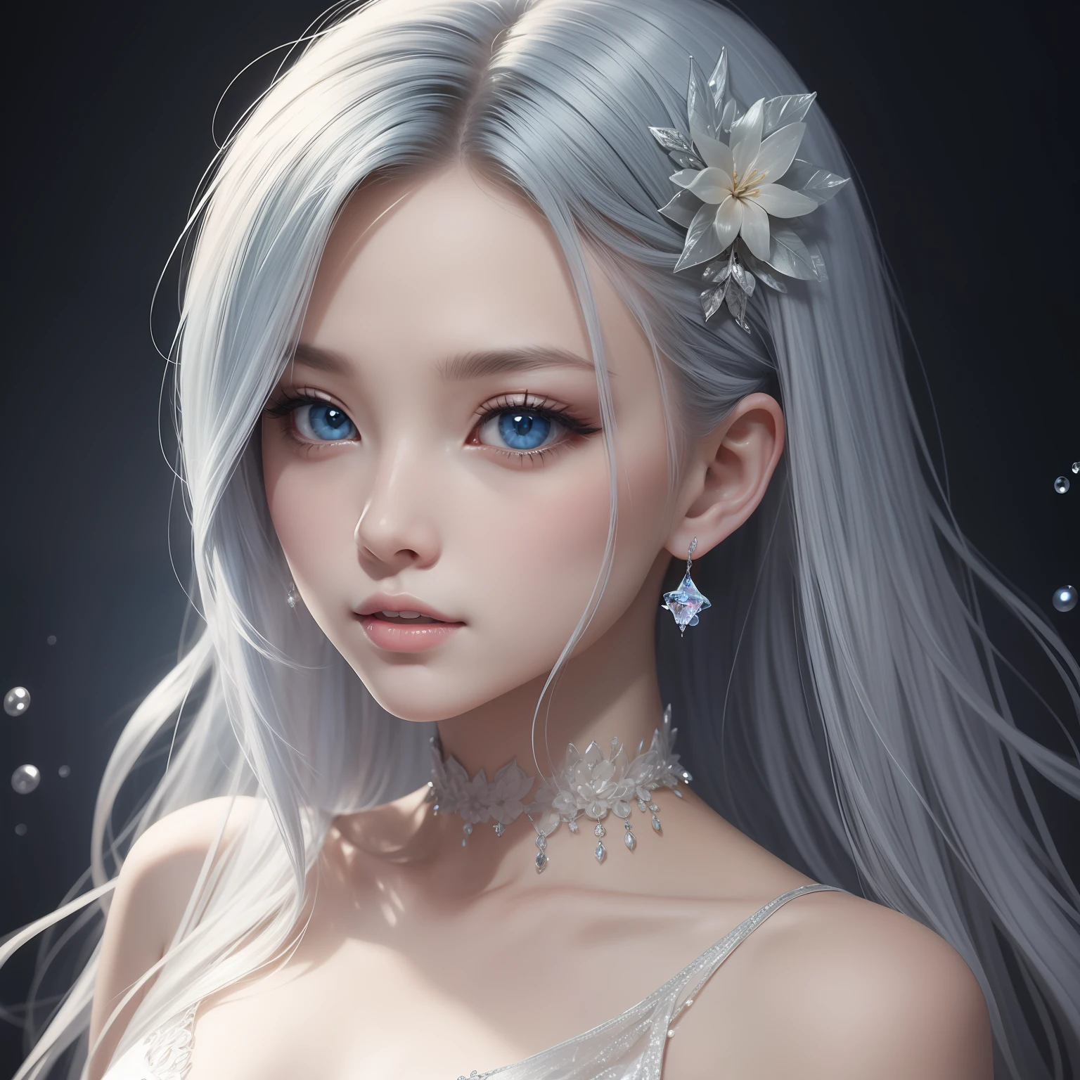 （​masterpiece）8K resolution、top-quality、Ice Fairy、Silver hair、Ash blue eyes、Hazel Eyes、Delicate body、fantasy-inspired