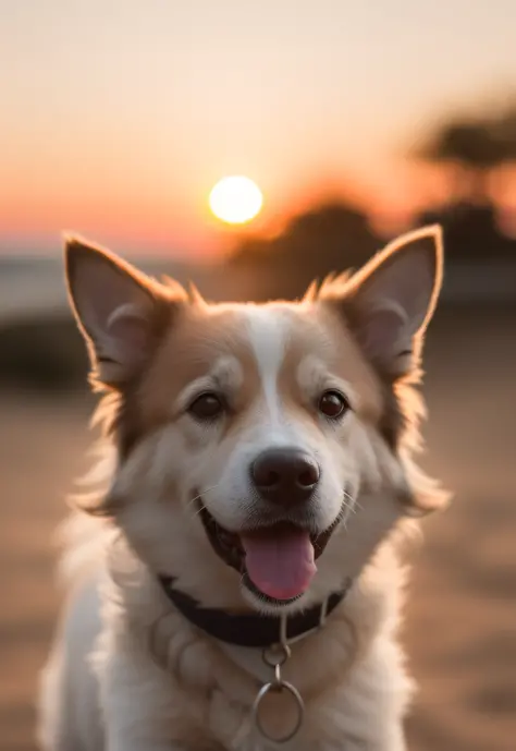 close-up photo of a happy dog's face, sunset, 80mm, f/1.8, dof, bokeh, depth of field, subsurface scattering, stippling