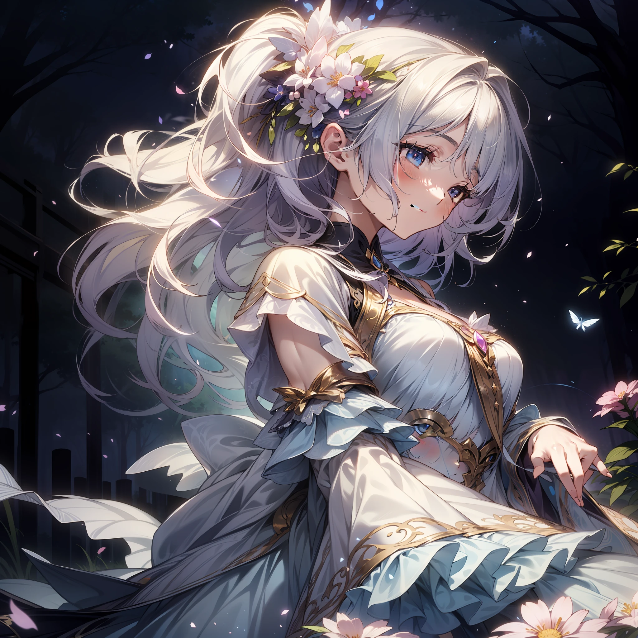 In a realm of enchantment, within a magical forest, a mystical fairy girl emerges, a radiant being adorned in gossamer threads of moonlight. Her dress, woven from petals and stardust, shimmers with an iridescent glow, reflecting the celestial canopy above. As she flutters amidst blossoming trees and twinkling fireflies, the air resonates with the ethereal symphony of nature's whispers, creating a realm where dreams and reality intertwine in a dance of pure enchantment.,emilia