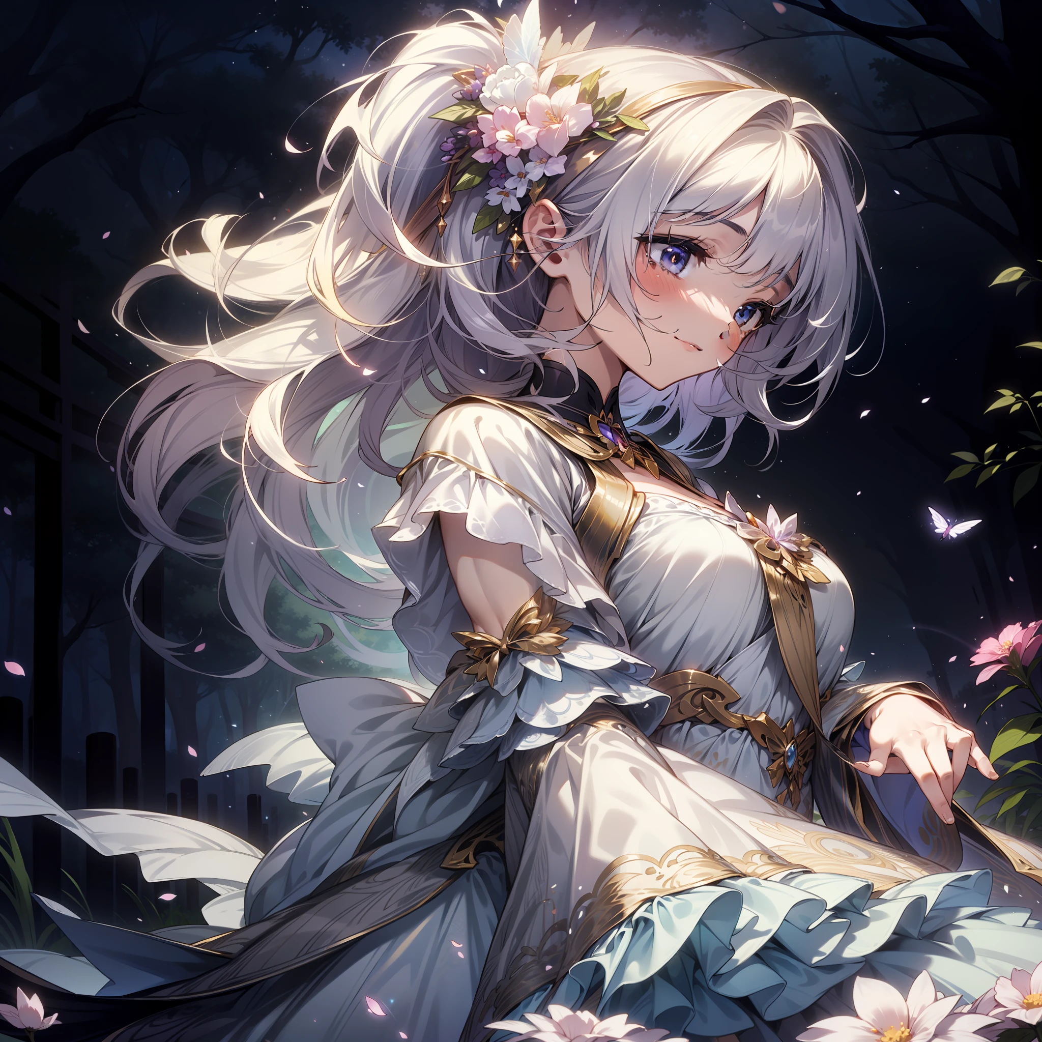 In a realm of enchantment, within a magical forest, a mystical fairy girl emerges, a radiant being adorned in gossamer threads of moonlight. Her dress, woven from petals and stardust, shimmers with an iridescent glow, reflecting the celestial canopy above. As she flutters amidst blossoming trees and twinkling fireflies, the air resonates with the ethereal symphony of nature's whispers, creating a realm where dreams and reality intertwine in a dance of pure enchantment.,emilia