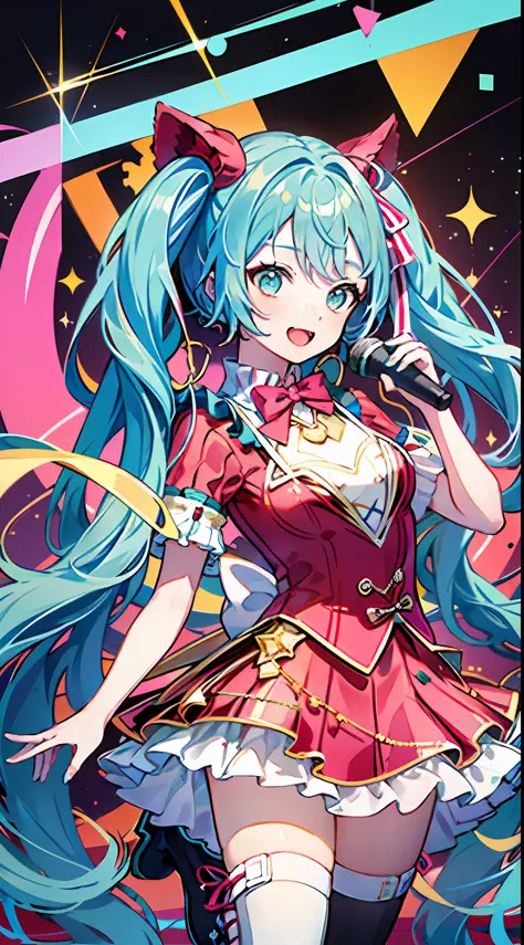 (masterpiece, super detail,) anatomically correct, 1girl, wondermiku, red dress,  with blue hair and a light blue ribbon, a fluf...