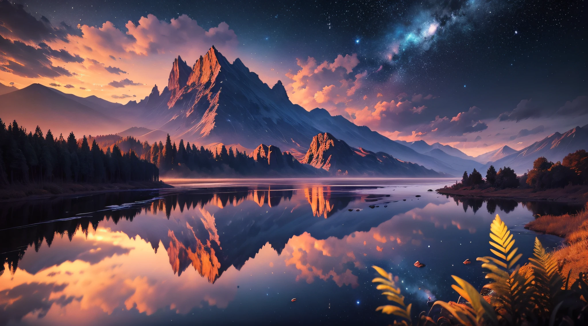 céu noturno estrelado com estrelas e montanhas refletidas em um lago, Arte digital altamente detalhada em 4k, Arte deslumbrante em 8k, Arte digital detalhada em 4k, Arte detalhada de alta qualidade em 8K, Dan Mumford e Albert Bierstadt, ilustração de ficção científica de fantasia épica, Anton Fadeev e Dan Mumford, papel de parede de fantasia de ficção científica, impressionante paisagem de fantasia, arte digital de papel de parede 8k hd