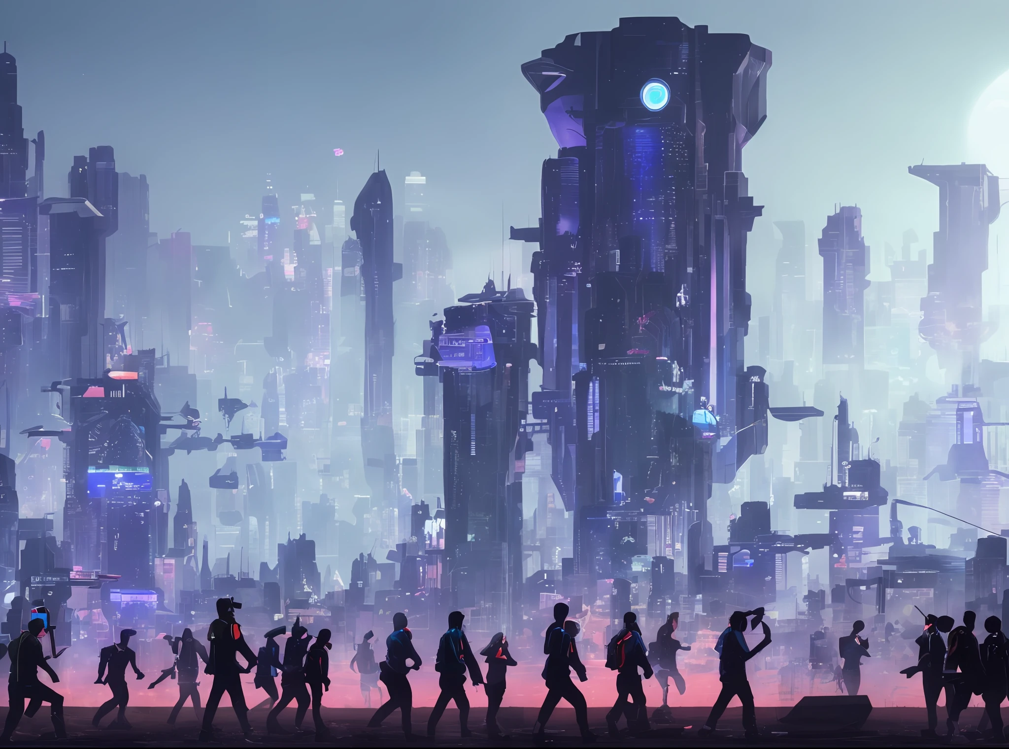 Many aliens with human-like bodies, march in the futuristic cyber city