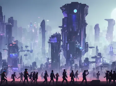 many aliens with human-like bodies, march in the futuristic cyber city