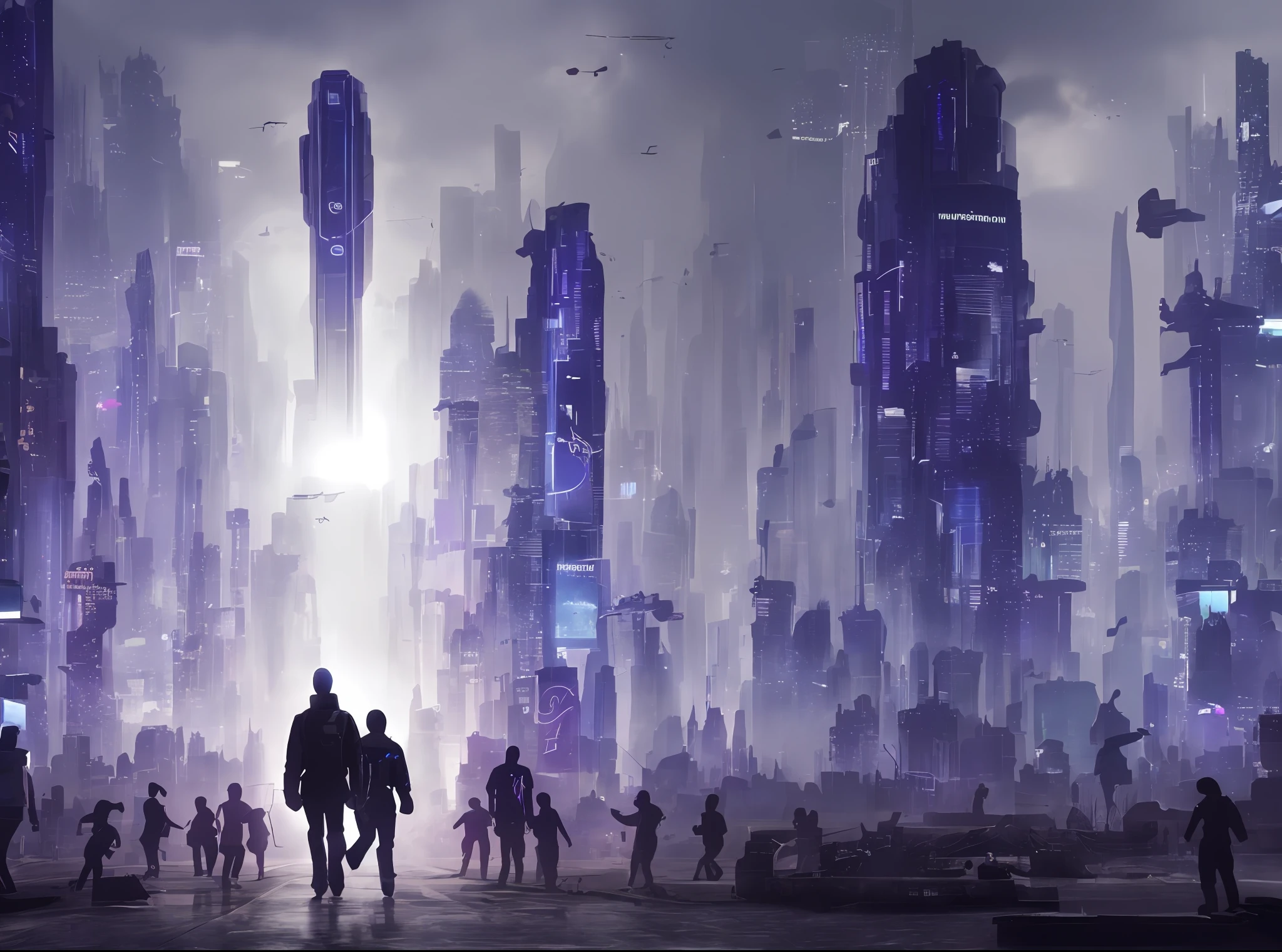 인간과 유사한 신체를 가진 많은 외계인, 미래의 사이버 도시 행진