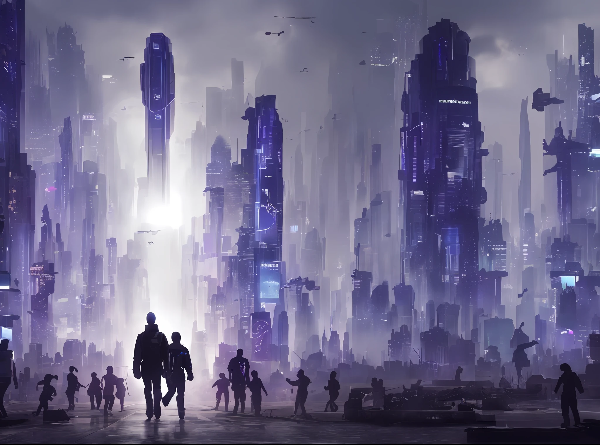 Many aliens with human-like bodies, march in the futuristic cyber city