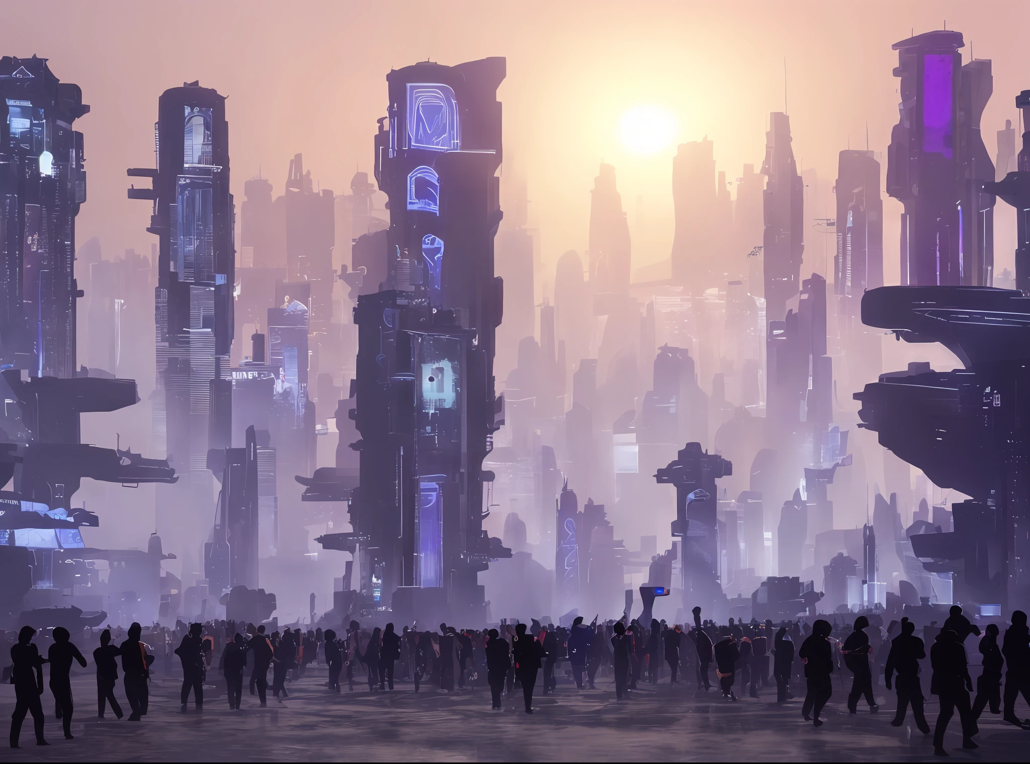 Many aliens with human-like bodies, march in the futuristic cyber city