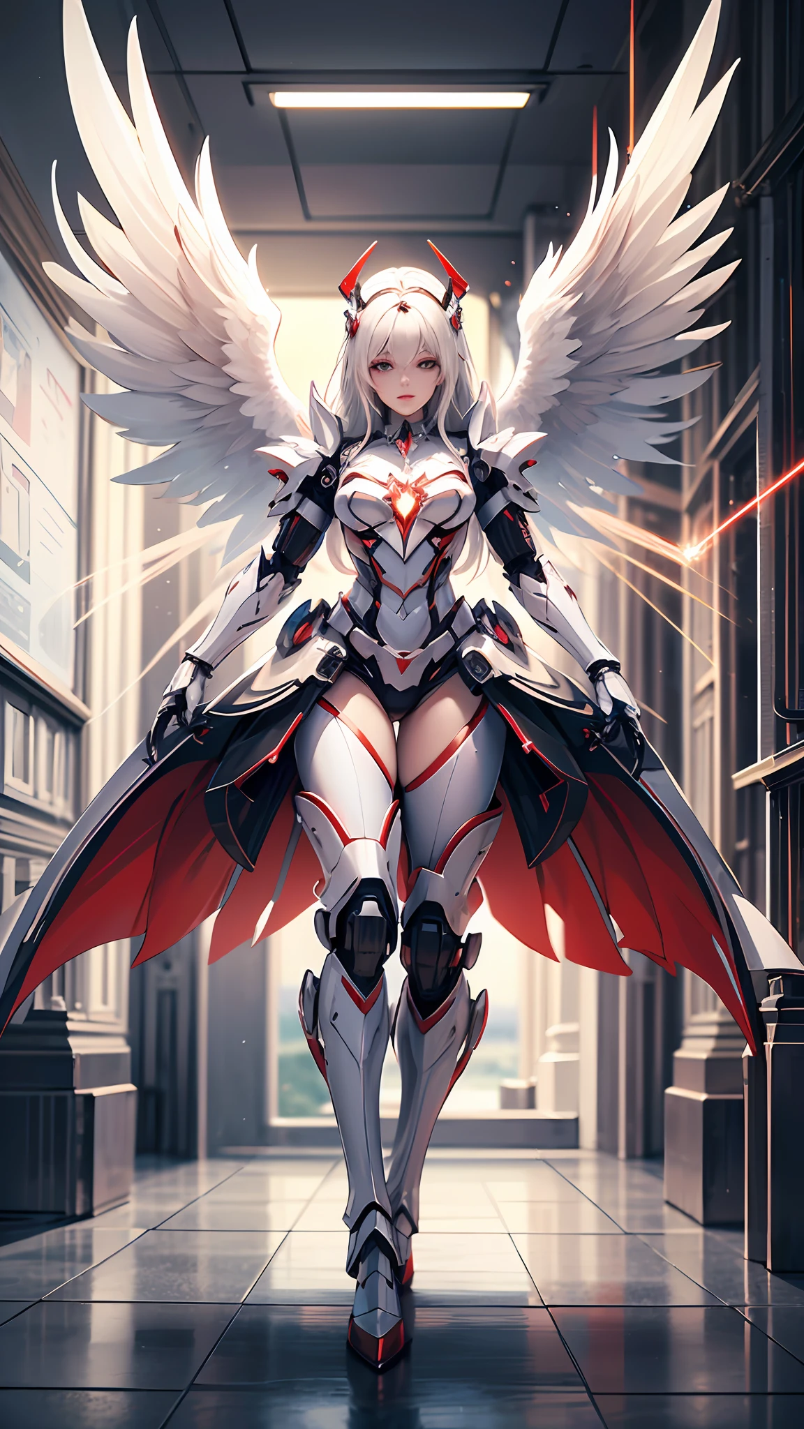 a beauty girl，red color mecha，As graceful as a swan，Enchanting，long  white hair，Red body，fluorescent line，White hands，Lab Room，future-tech，Red indicator light on the body，Full body photo，standing on your feet，dreamy scenes，，dyna，super detailing，celshaded，8K detail post-processing，magnifica，hyper photorealism，8K，Epic composition，Complicated details，unreal-engine，Flying，Laser cannon，Holy Angel Mecha，Mechanical exoskeleton，whaite hair，Golden pupils，flower  sea，eventide，Angel Maiden，Angel wings，a white long skirt，combats，Combat posture