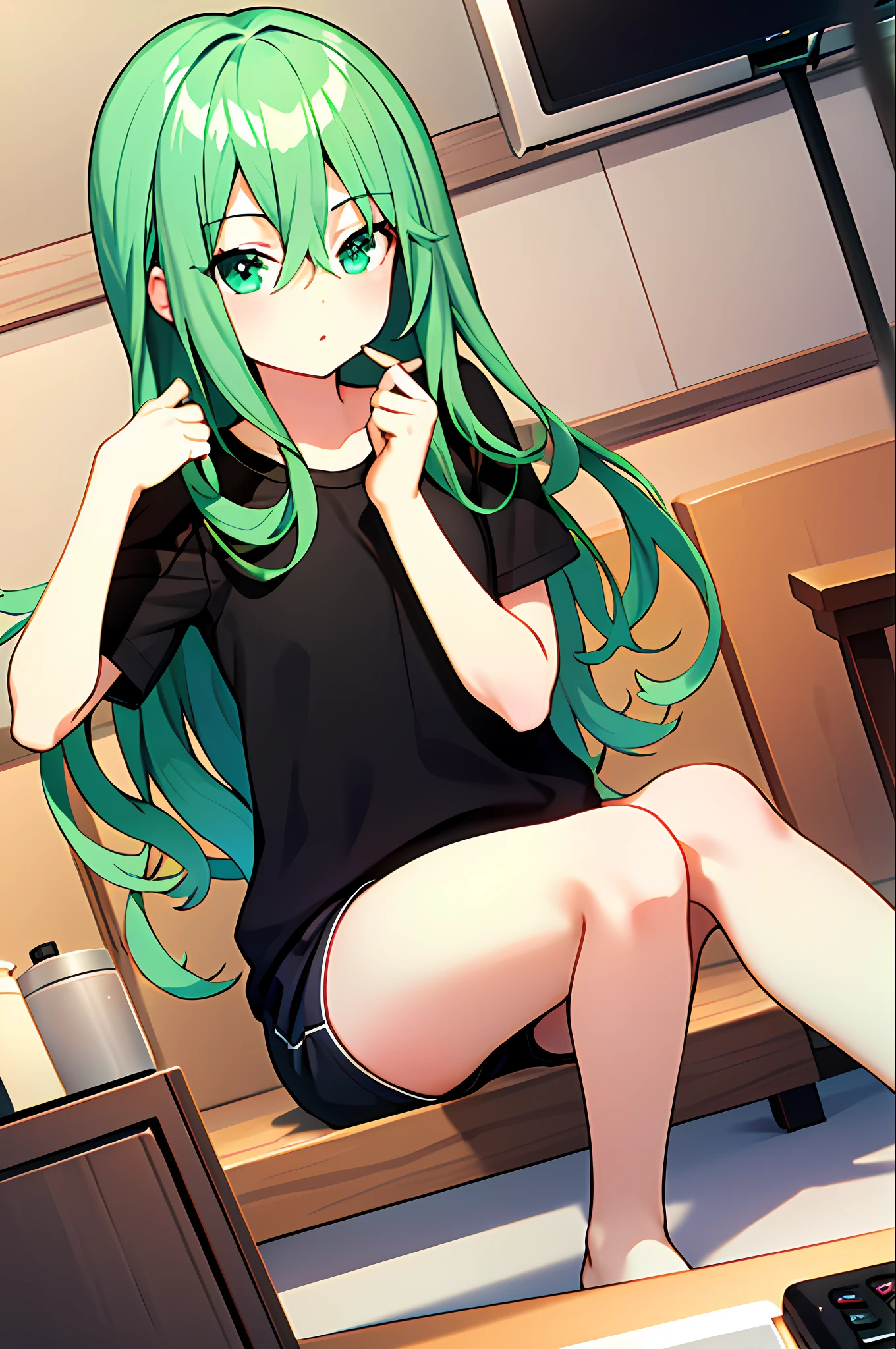 (masterpiece:1.1, best quality, highly detailed), dynamic angle, 1girl, sitting, natsumi normal, black shirt, living room, television, bright, green hair,