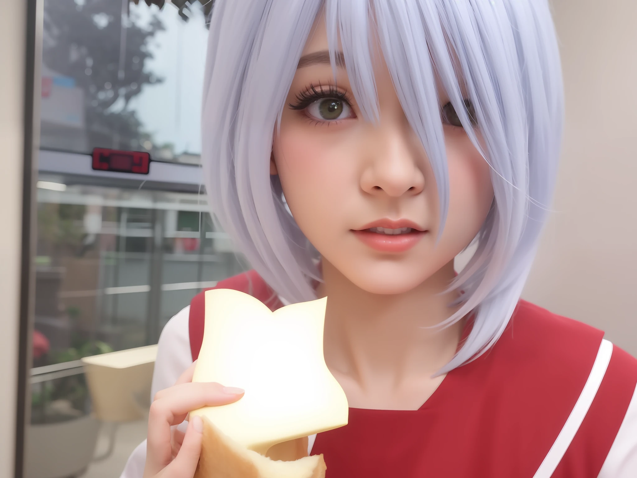 Arapei in a blue wig and red dress holding a sandwich, Anime girl cosplay, Anime cosplay, rpgmaker, cosplay foto, Anime girl in real life, sakimichan, professional cosplay, realistic cosplay, cosplay, inspired by Leng Mei, Ayaka cosplay, from touhou, with kitsune mask, sakimi chan, Anime Thai girl