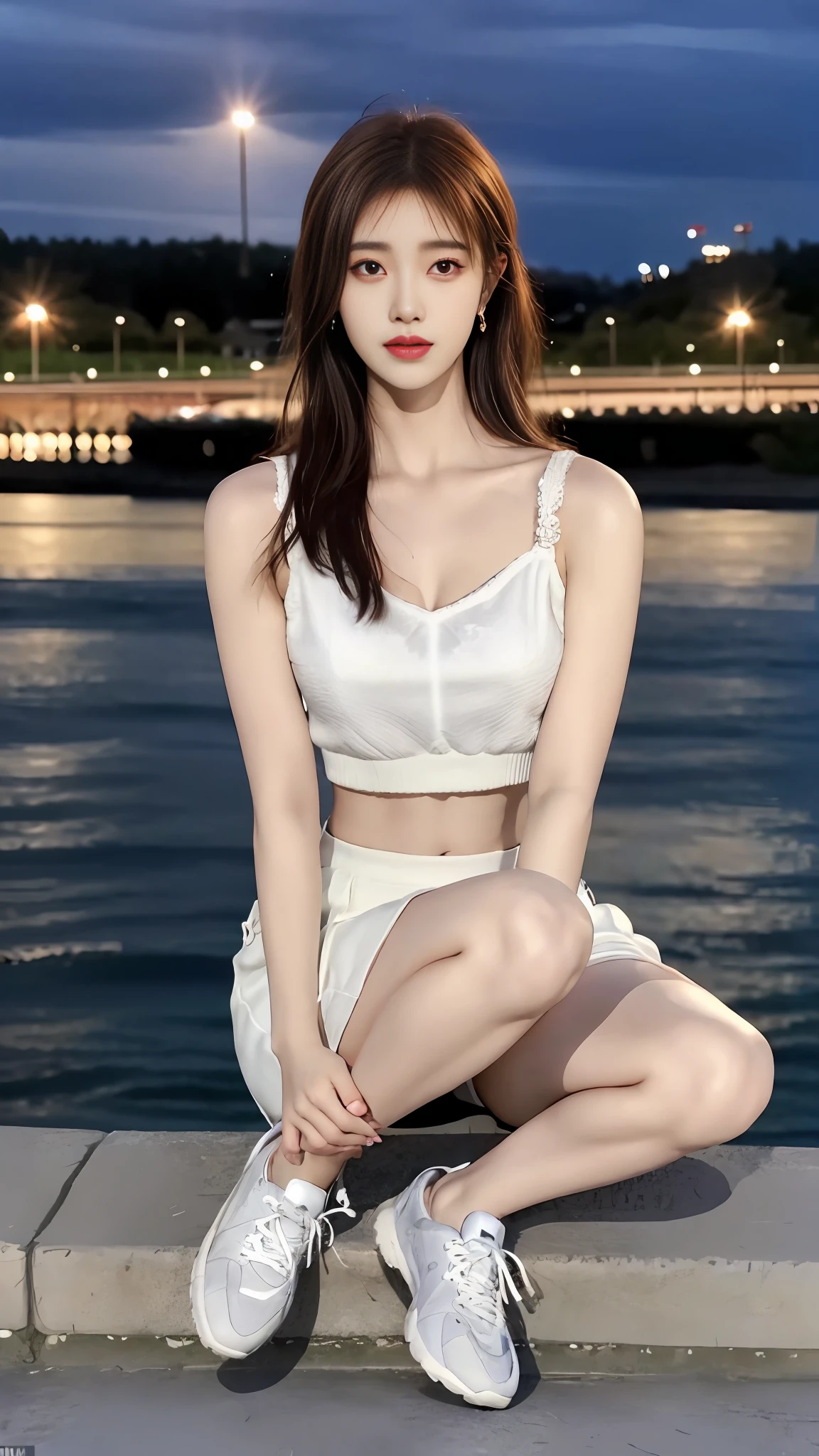 ((Realistic lighting, best qualtiy, 8K, tmasterpiece:1.3)), sharp fokus:1.2, 1girll, Beautiful Women with Perfect Figure:1.4, Slim abs:1.1, ((dark brown  hair)), (White crop top:1.4）,（exteriors，during night：1.1），the city street，Ultra-fine face，Fine eyes，二重まぶた，Full body photo，high-heels，athletic sneakers，