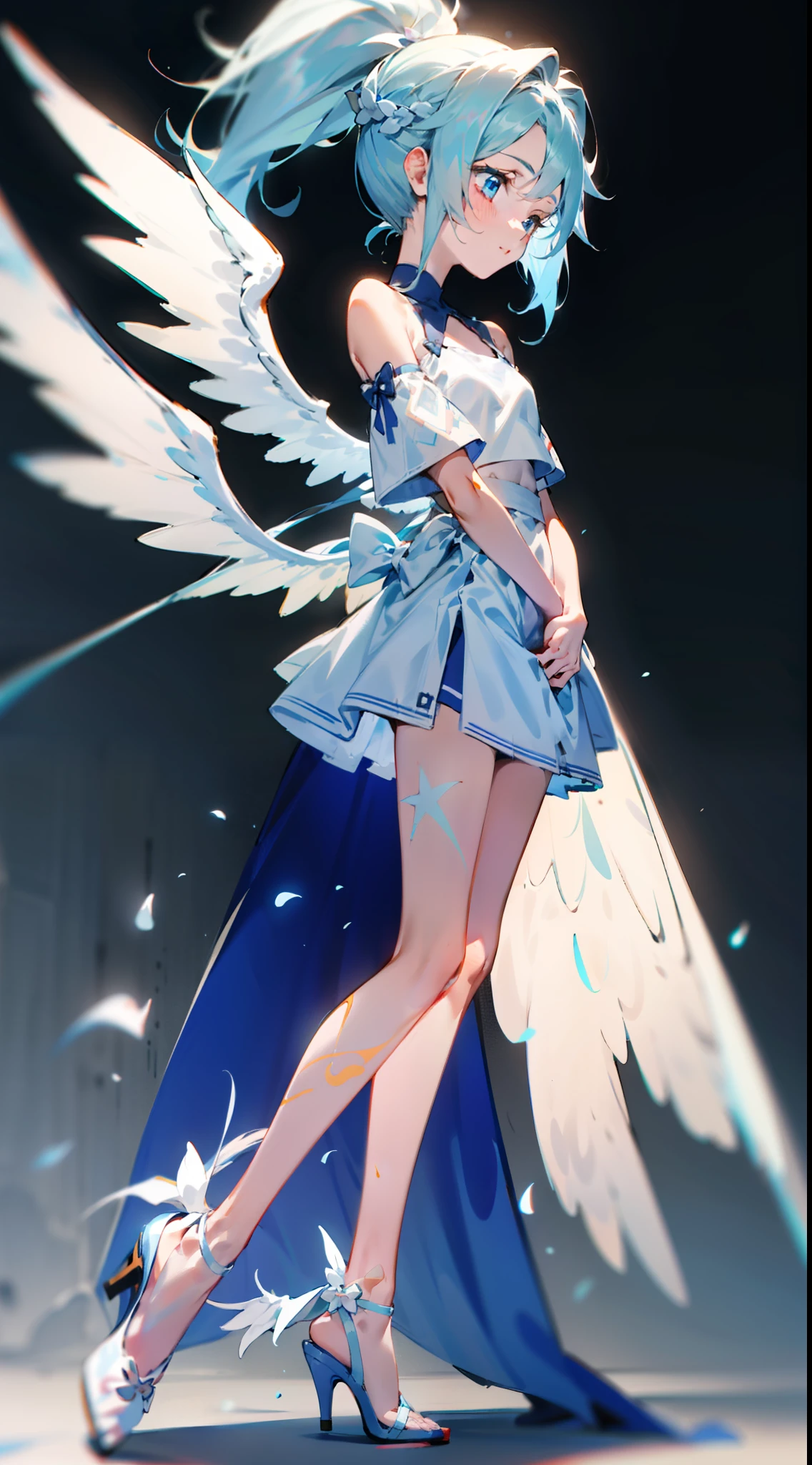 Campus background，13-year-old girl，She wears a long ponytail，an orchid flower，Light blue 10cm heels，Light blue bow,White top，cropped shoulders，Short light blue skirt，light blue  hair，Light eyes，white  clothes，thin very long legs，Angel white wings，Cute and sweet，Full body painting。