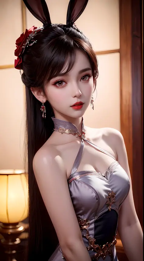 1 beautiful girl in beautiful hanfu costume, thin red silk shirt with many yellow motifs, black lace top, light pink rabbit ears...