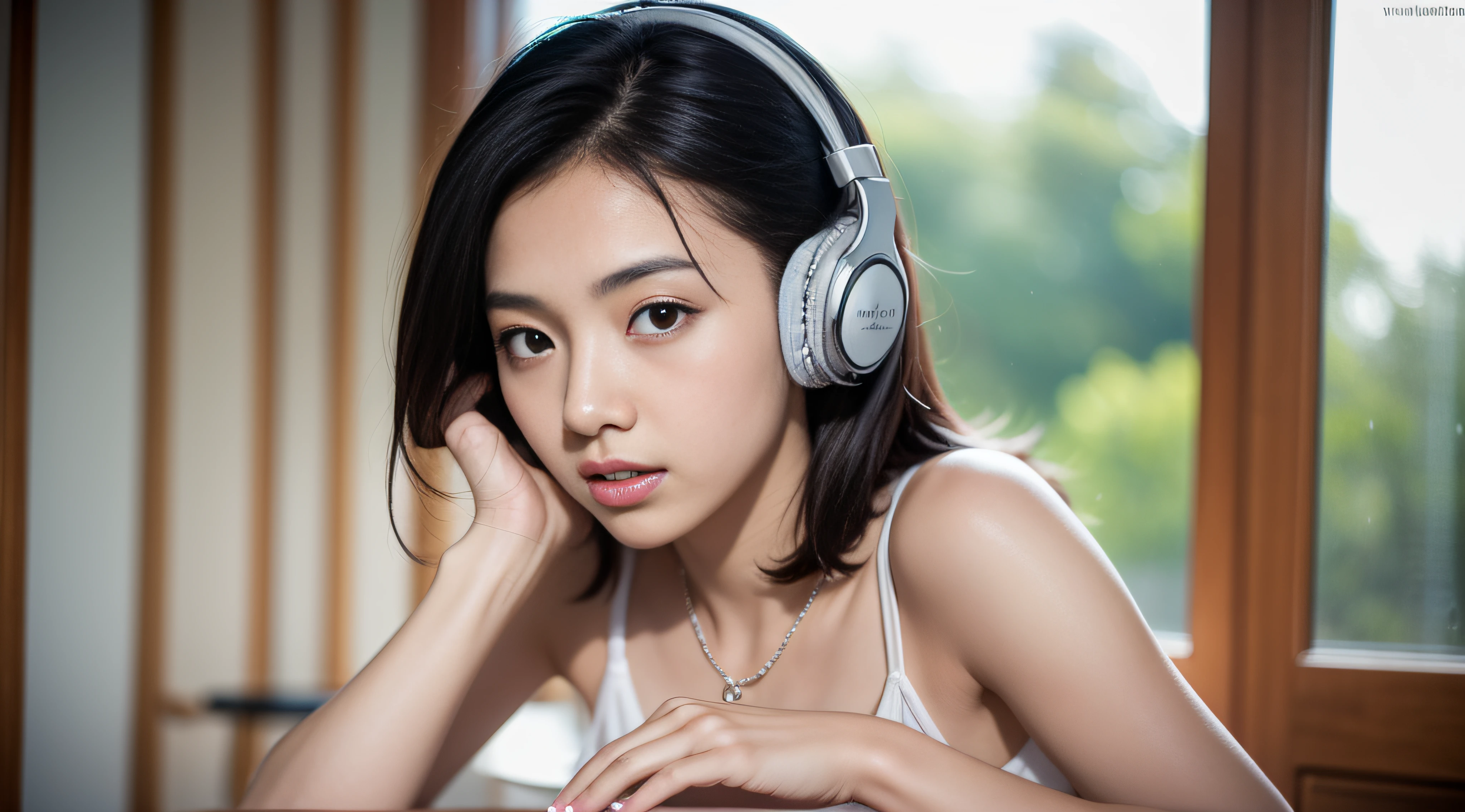 Allafard Asian woman wearing white dress，with headphones on, Realistic young gravure idol, with headphone, young pretty gravure idol, Young sensual gravure idol, Young gravure idol, sophisticated gravure idol, Young skinny gravure idol, with headphone, Realistic sensual gravure idol, Yoshitomo Nara, Japanese model