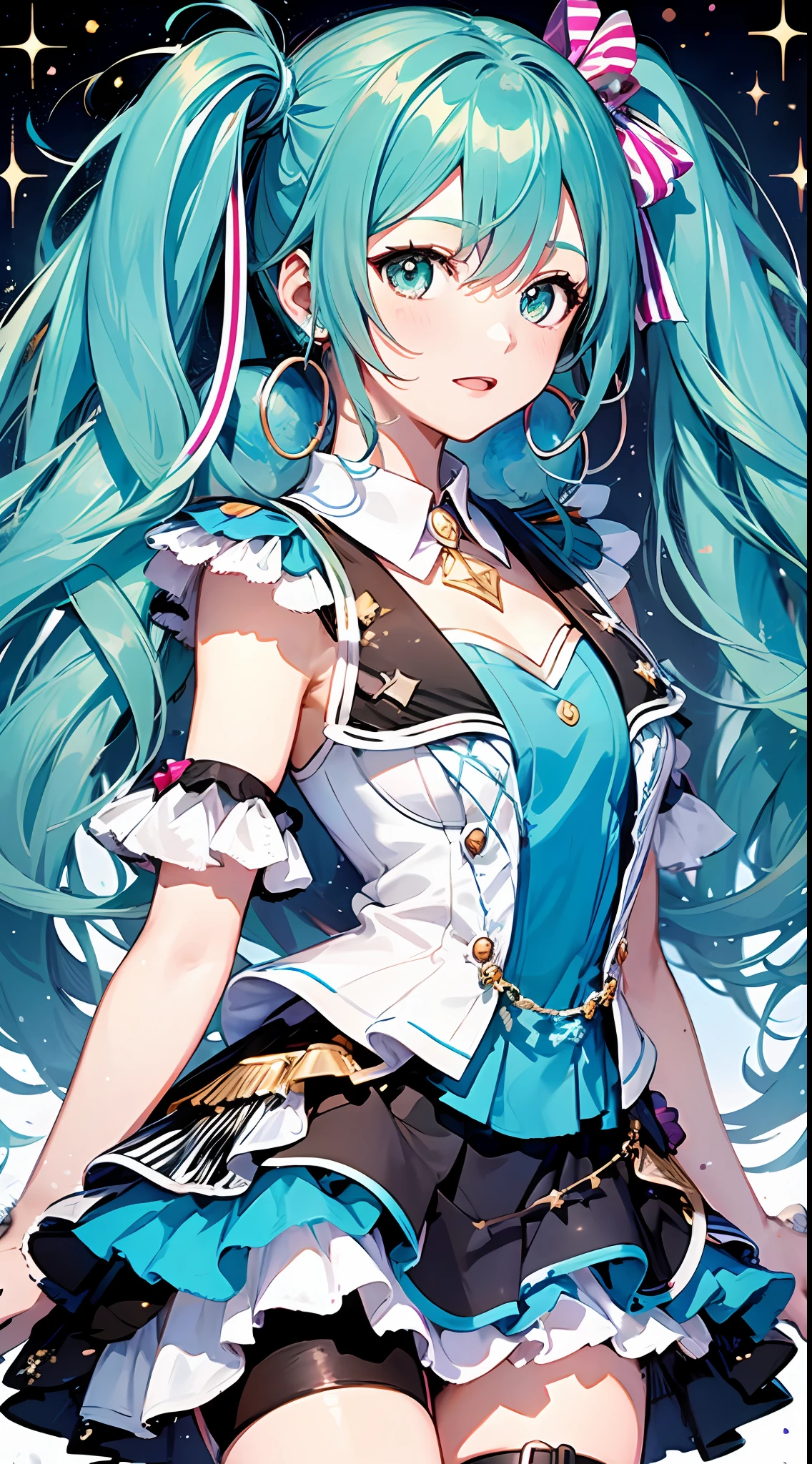 (masterpiece, super detail,) (anatomically correct,) 1anime girl, momomiku, epaulettes, With sparkling eyes and long and fluffy blue hair, she wears a colorful outfit and enchants people with her wonderful voice. Her name is Hatsune Miku, the most famous virtual singer in the world.