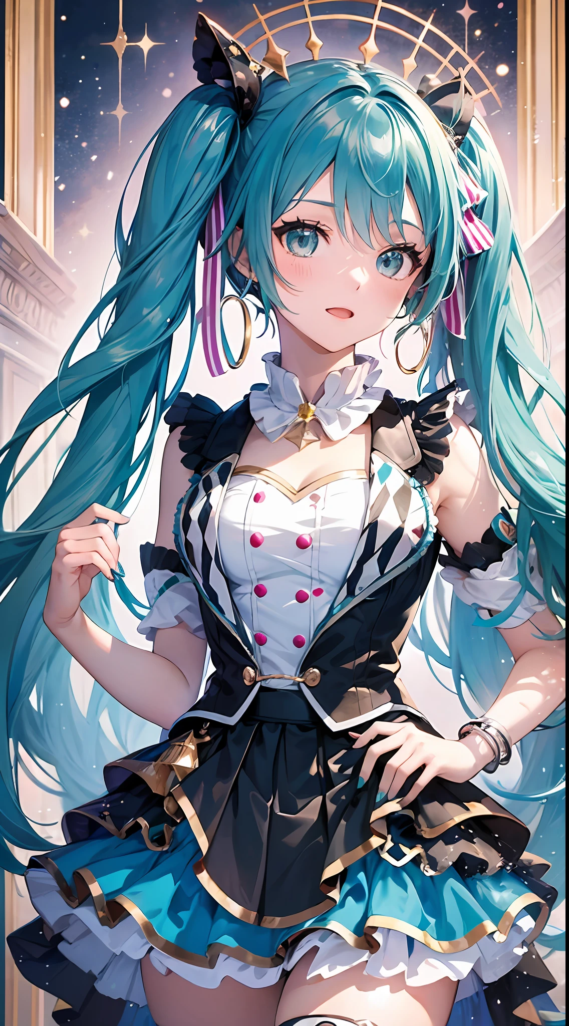 (masterpiece, super detail,) (anatomically correct,) 1anime girl, momomiku, epaulettes, With sparkling eyes and long and fluffy blue hair, she wears a colorful outfit and enchants people with her wonderful voice. Her name is Hatsune Miku, the most famous virtual singer in the world.