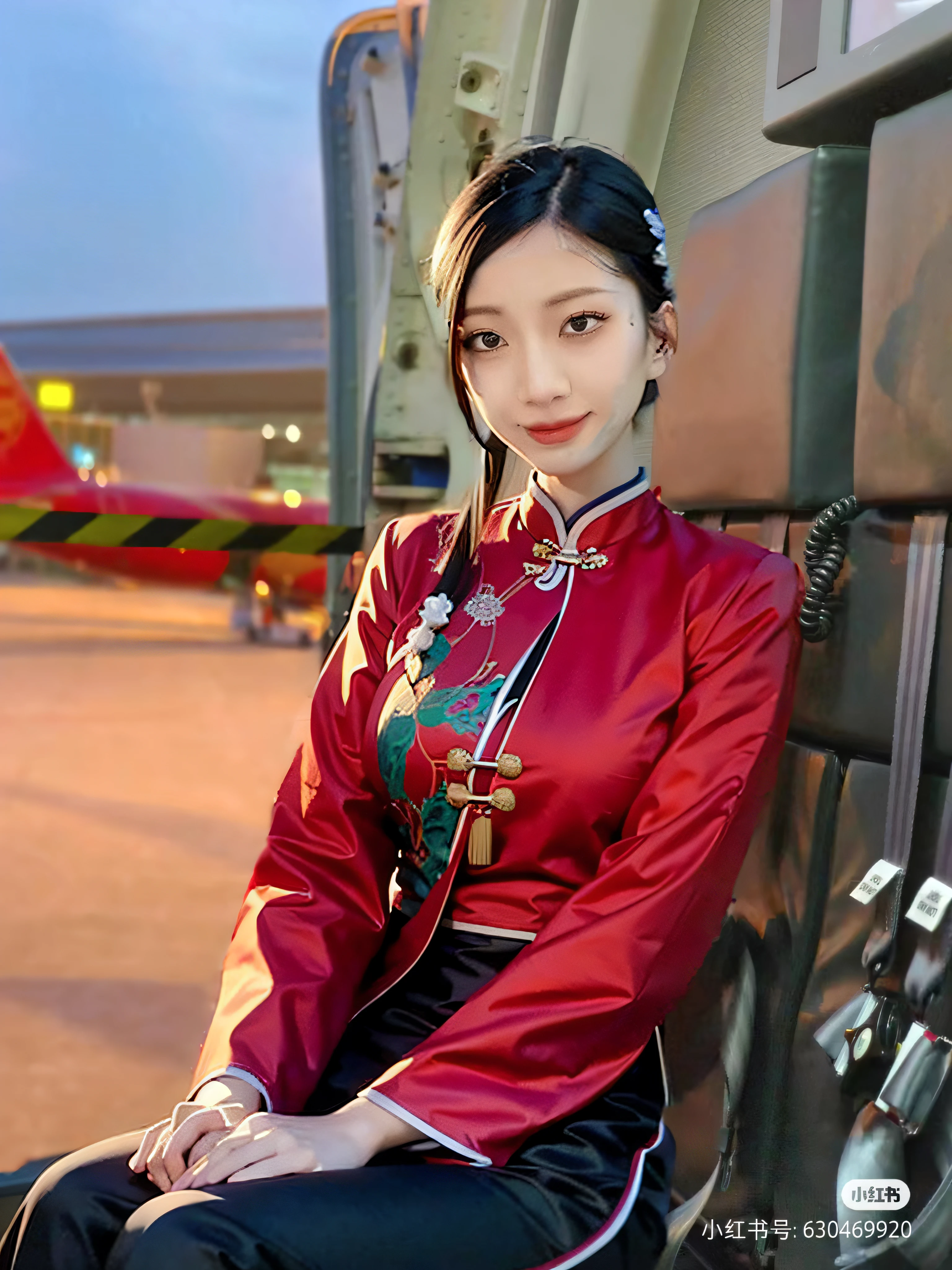 Arad woman in a red and black dress sitting on a plane, traditionalcostumes, black and red silk clothing, official photo, traditional garb, Traditional clothing, Official, traditional tai costume, Traditional Chinese clothing, Chinese outfit, wearing authentic attire, Chinese dress