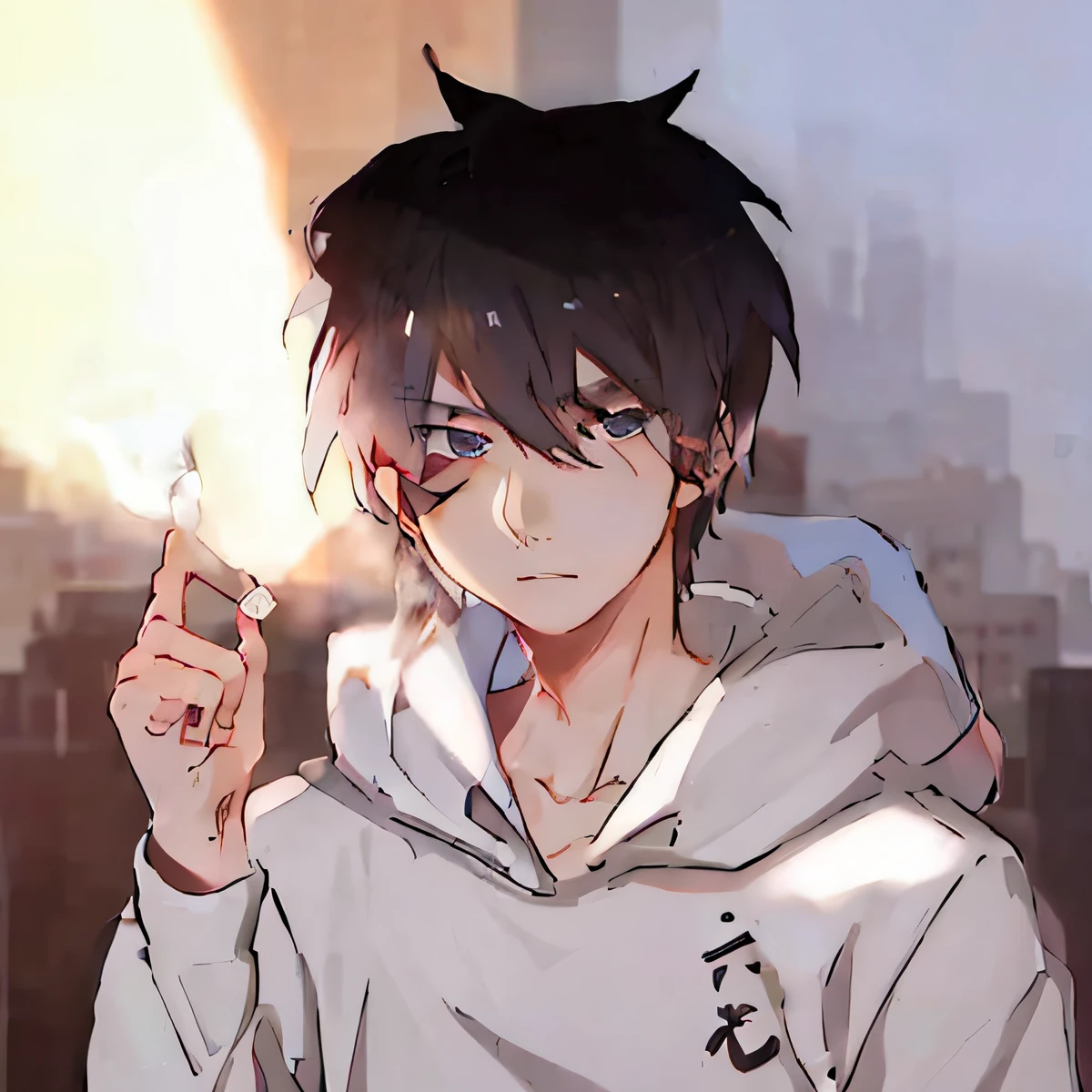 menino anime with black hair and white hoodie holding cigarette, em estilo anime, menino anime, no estilo anime, estilo de arte anime moe, iluminação de anime, estilo anime 2d, inspirado em Un&#39;ichi Hiratsuka, autor：Mestre de chinês Han, Gendo Ikari fumando um baseado, autor：Nova Arte, Em estilo anime japonês, Estilo de arte anime