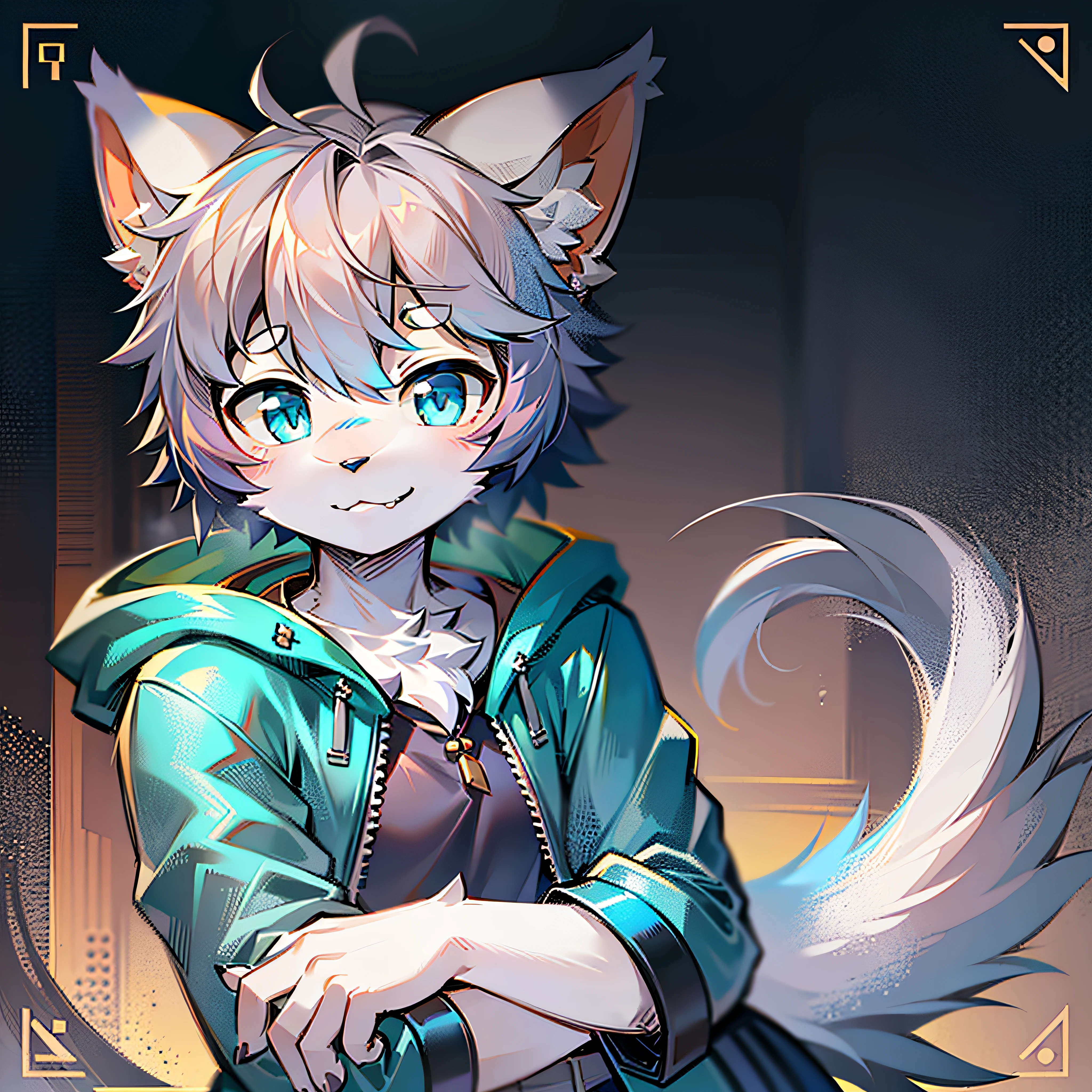 Bright eyes, character bust photo, Q version, avatar frame, character focus, solo, furry, furry male cat, male yellow-white fur, blue eyes, gray hair (long) loli style, little cute, will sell cute, wearing blue clothes and pants, has a tail