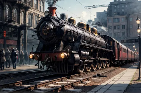masterpiece, best quality, high quality, extremely detailed 8k unit wallpaper CG, (train station, steampunk), steam train, steampunk outfit, crowded hustle bustle, copper twisting, mechanical clockwork, slick platforms, hazy atmosphere, city smog, billowin...