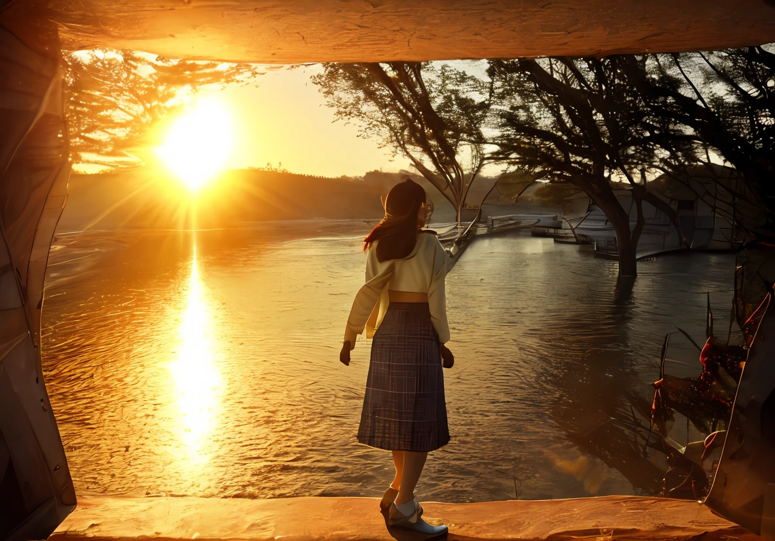 Imagine a photo of a young beautiful girl, Well-groomed young woman with dark hair standing in a small room according to the principle of perspective. She is of Japanese descent, She is wearing a long plaid skirt and a white knit jacket that accentuates her figure.. I can't see her face, however、Sunlight reflects off the surface of the water behind her, There are slight ripples. Summer plants on the surface of the water create a hazy effect. The reflected light from the surface of the water illuminates the waves beautifully. Flowers are blooming on the stairs, And women have a small bust and perfect skin. Rendering is exquisite, Showing off the confidence and attitude to stand up proudly. Sunlight shining in from behind creates shadows, And behind her there is a reservoir. Reflected summer light illuminates the waves on the surface of the water, Create a stunning sight. She embodies the essence of a summer girl. Capture this breathtaking moment in your images with maximum precision and realism.