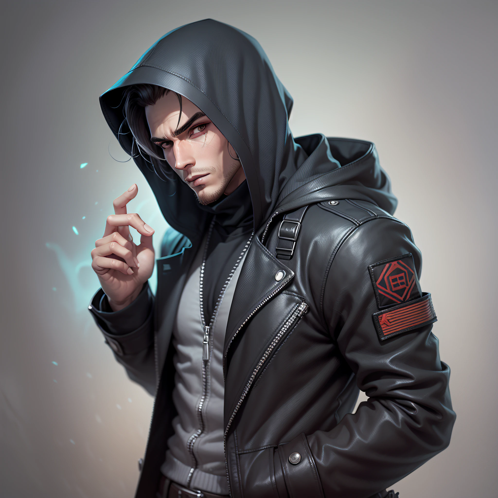 Create a male human character art with normal body and average height, com cicatrizes e marcas de combate, with black trench jacket and hood covering his head, Estilo detetive Noir, Estilo Shadowrun