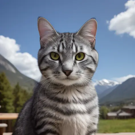 masterpiece, best quality, realistic, arcibaldocat, a cat sitting on a table, perfect eyes, upper body, sky background, mountain...