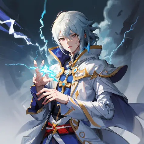 anime figure，Lightning bolt in hand，Draped in a black cloak, casimir art, Genshin impact's character, portrait of merlin, he is ...