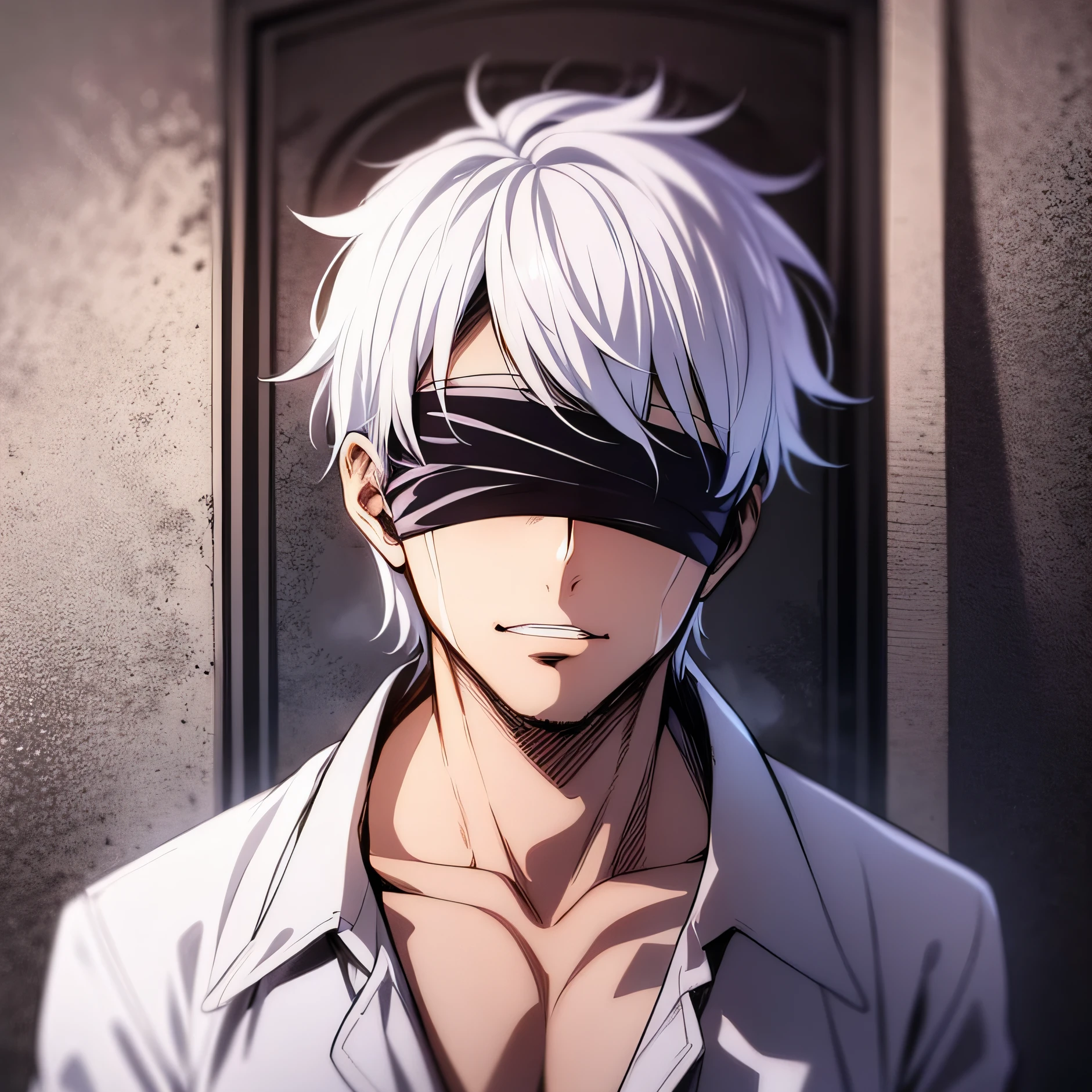 1boy, Gojo's Intense Walking, white colored hair (goosebumps on skin), blue eyes, with a black blindfold, Pleasant surroundings, Super detailed, hiquality