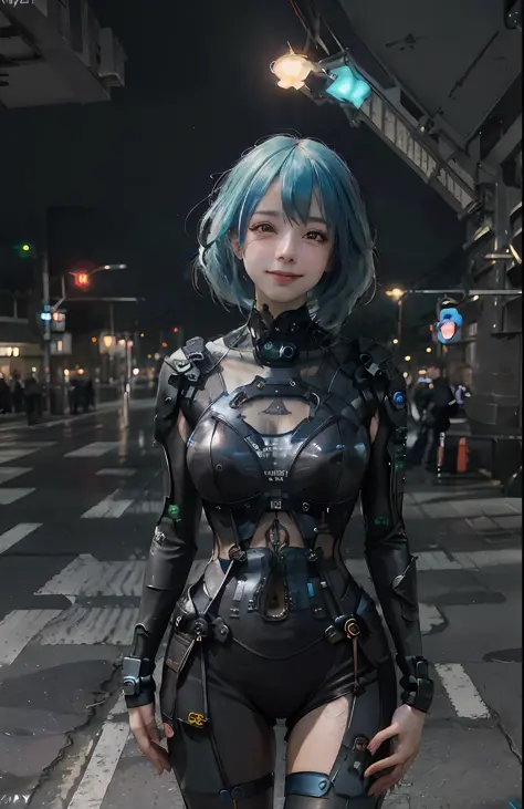 realistic, portrait of a girl,AI language model, neon hair, cyber bodysuit, happy pose, crowd, on the street, cyber city, future...