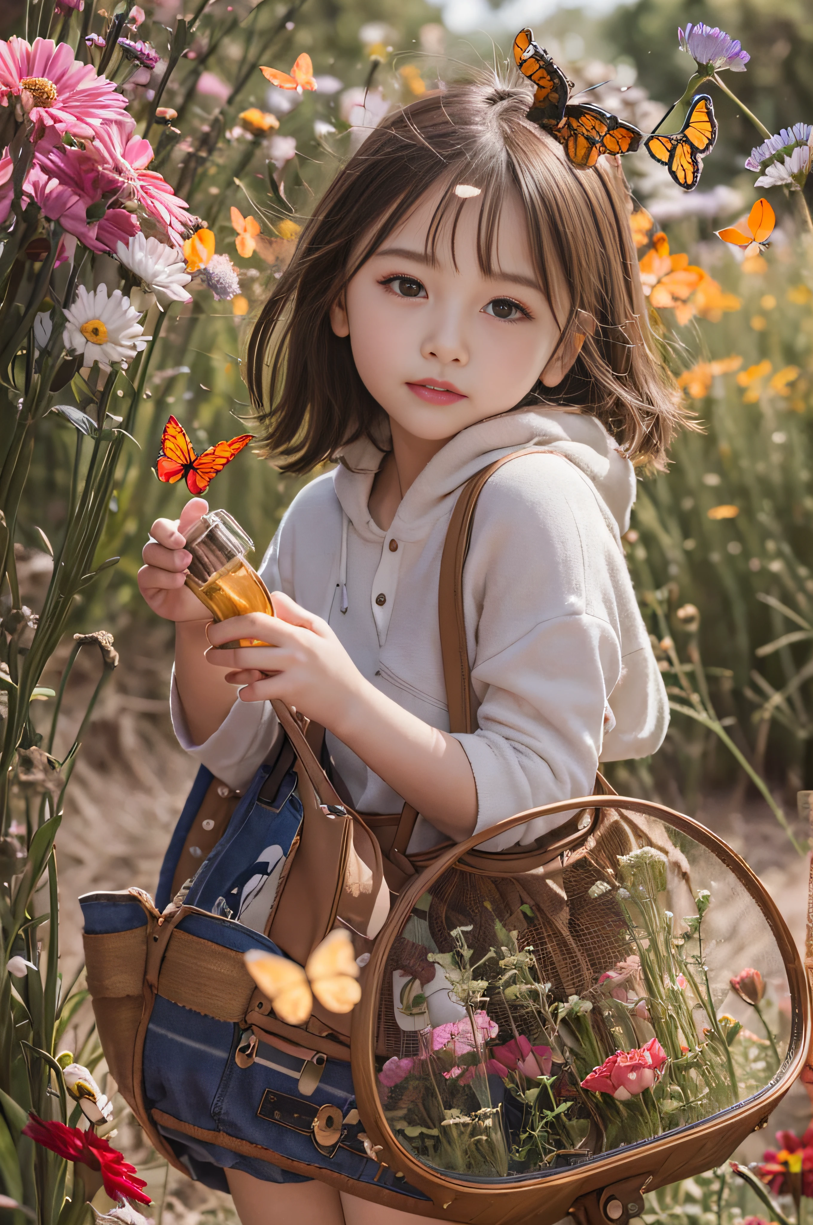 High Detail, Ultra Detail, 8K, Ultra High Resolution A cute and innocent girl, child, toddler, enjoying her time in the open field, surrounded by the beauty of nature, warm sun sprinkling on her, wildflowers gently swaying in the breeze. Butterflies and birds flutter around her, adding to the playful atmosphere,