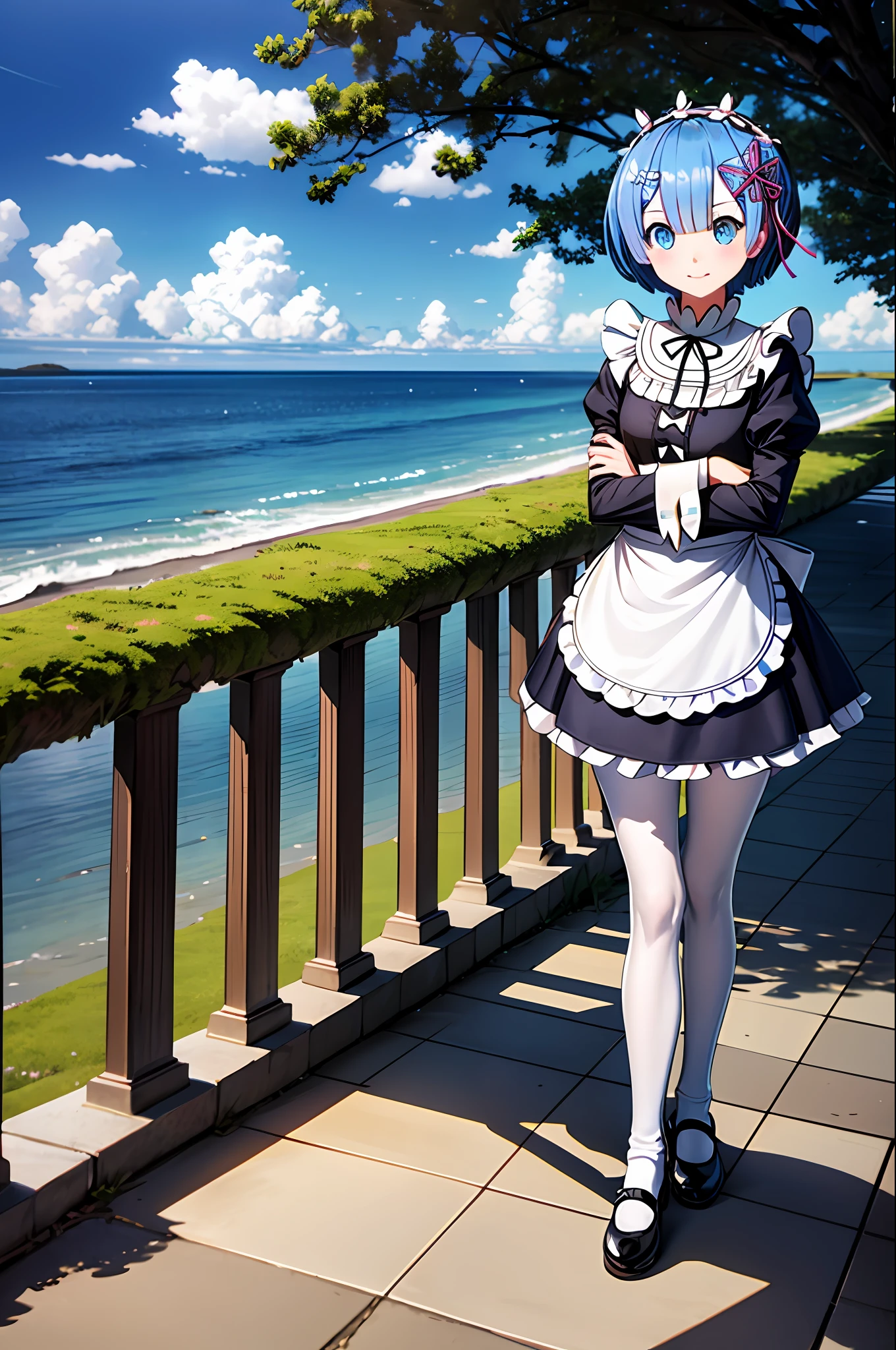 （tmasterpiece：2.0，best qualtiy），（Fine beautiful eyes：2.0），ph_REM，Remhd，1girll，Blue hair，独奏，eBlue eyes，x hair accessories，legs ornaments，Bow knot，Long thick socks，lacepantyhose，Lolita heels，Lolita shoes，Rossvale Mansion maid uniform，full bodyesbian，Two hands，Two legs，Photo art，maidennurse，Skysky，the ocean，rays of sunshine，the trees，wave，