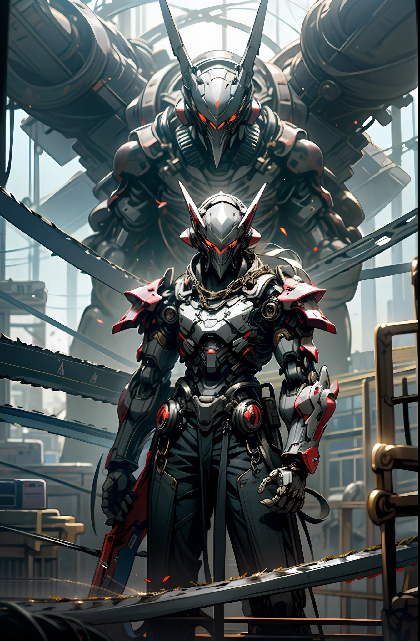 Dark_Fantasy, Cyberpunk, (chain saw, chain saw man), 1man, Mechanical marvel, Robotic presence, Cybernetic guardian, black armor, dark red glowing eyes, wielding a black maluture long knife in his hand, producing a terrifying white mist