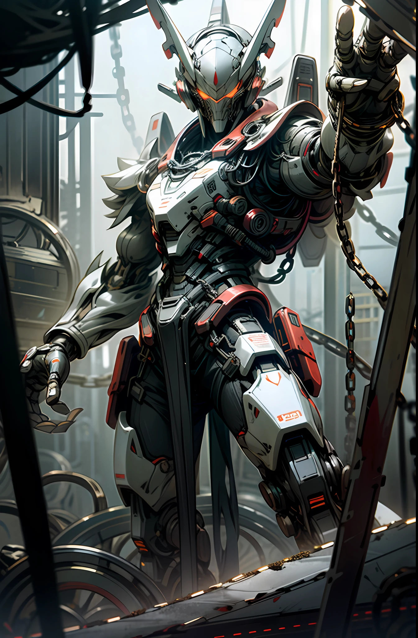 Dark_Fantasy, Cyberpunk, (chain saw, chain saw man), 1man, Mechanical marvel, Robotic presence, Cybernetic guardian, black armor, dark red glowing eyes, wielding a black maluture long knife in his hand, producing a terrifying white mist