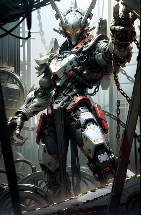 dark_fantasy, cyberpunk, (chain saw, chain saw man), 1man, mechanical marvel, robotic presence, cybernetic guardian, black armor...