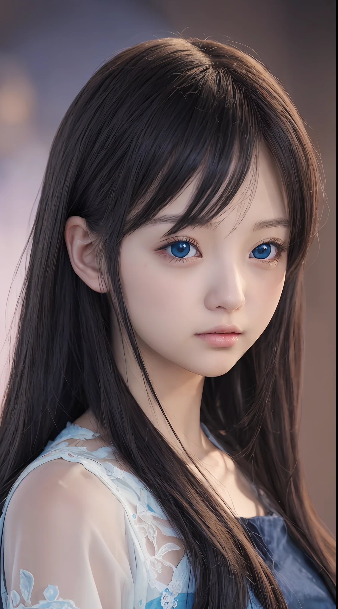 Anime girl with long black hair and blue eyes，smooth anime cg art，Realistic anime 3 D style，Realistic anime art style，detailed digital anime art，digital anime illustration，Realistic anime art style，Kawaii realistic portrait，detailed portrait of an anime girl，a beautiful anime portrait，photorealistic anime girl rendering，Realistic young anime girl， portrait anime girl