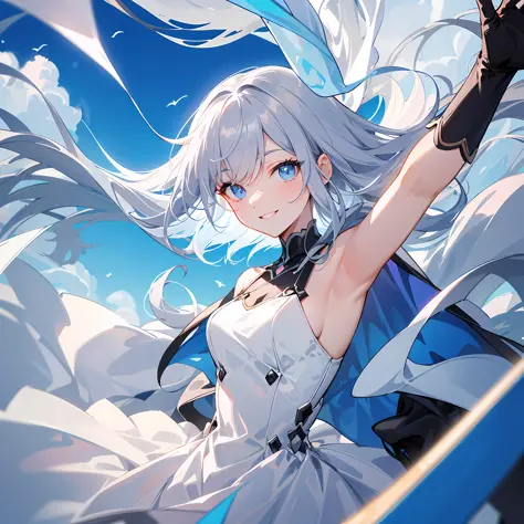 Woman in white dress, And her eyes are a bright shade of blue. The background depicts a vivid vast sky with large clouds. Girl is smiling, Eta、The overall illustration has transparency and clarity. Located on a hill.((hair color is bluish silver))