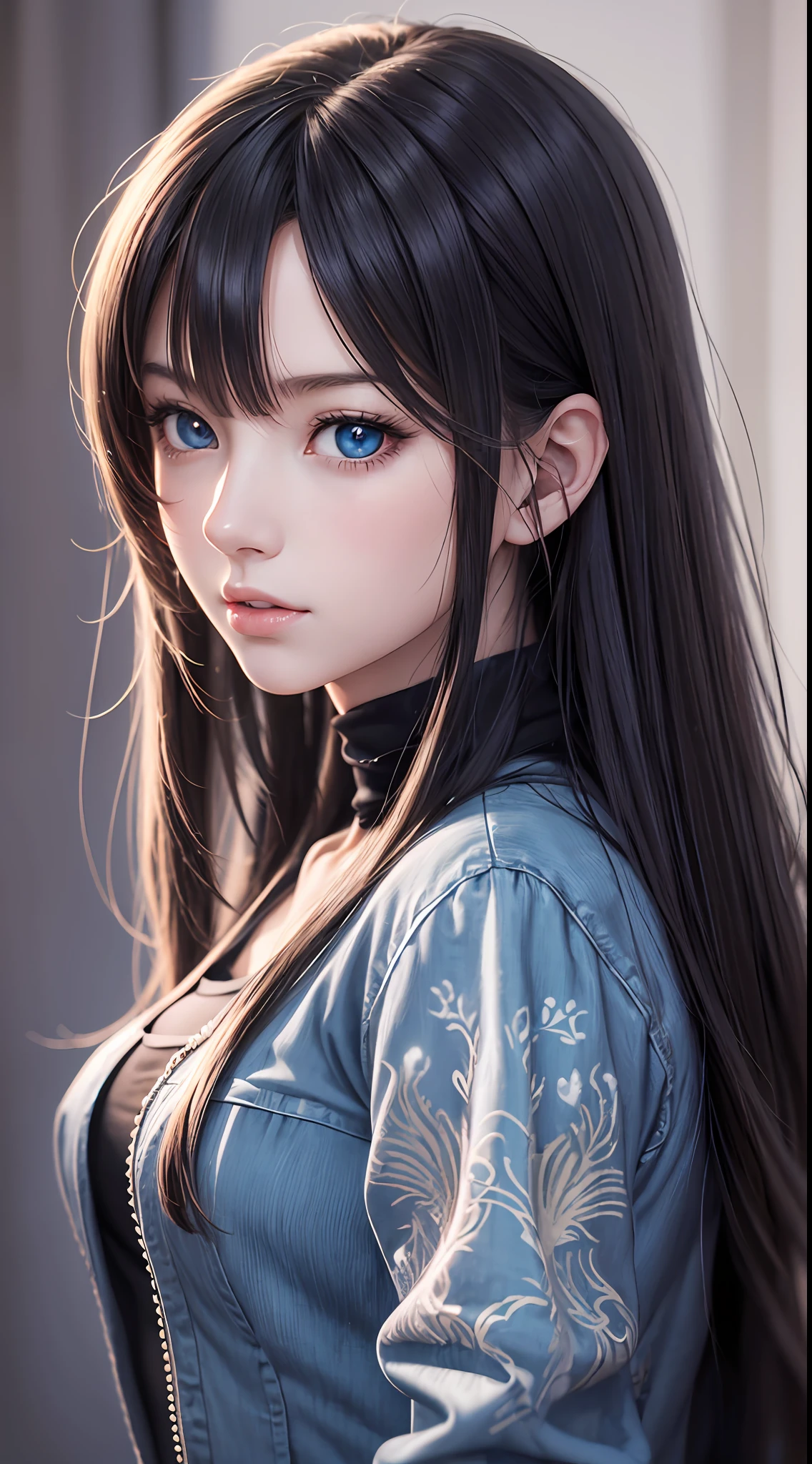 A close up of a woman with long hair wearing a blue jacket - SeaArt AI