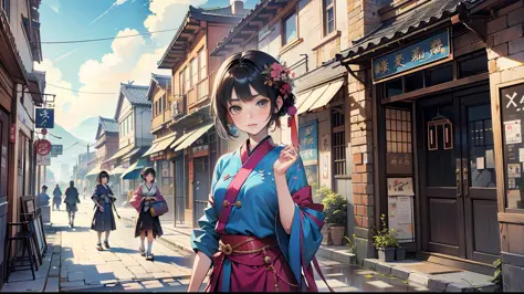 There is a woman in a Japanese-style dress posing for a photo, Sexy girl, Japanese girl, trending on cgstation, Wears a wide Japanese uniform, trending at cgstation, Sexy :8, japanaese girl, Rich Japanese style, 2 d cg, Japanese model, Attractive girl, 4 k...