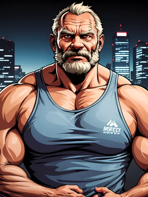 a portrait muscular old man standing wearing tank top, half body, mwvector, city background