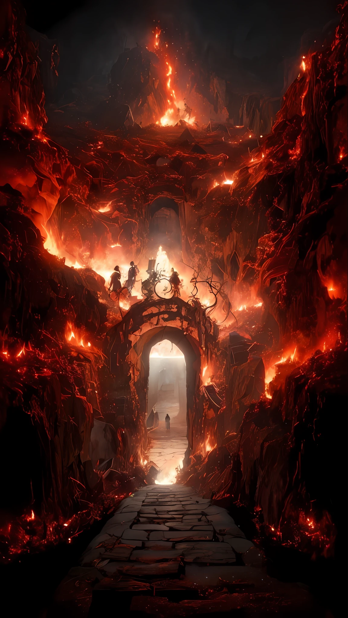 um homem caminhando por uma caverna escura com um fogo ao fundo, A porta do inferno, As portas do inferno, Porta para o inferno, A Grande Porta do Inferno, Paisagem do inferno, Portal para o inferno, Portas do Inferno, fundo do inferno, Um portal para o Reino da Chama Perdida, Marcos Simonetti. intrincado, A batalha final no inferno, inferno hiper-realista