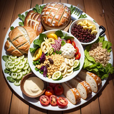 A imagem mostra uma mesa repleta de uma variedade de frutas, fresh and colorful vegetables and whole grains, dispostos de forma ...