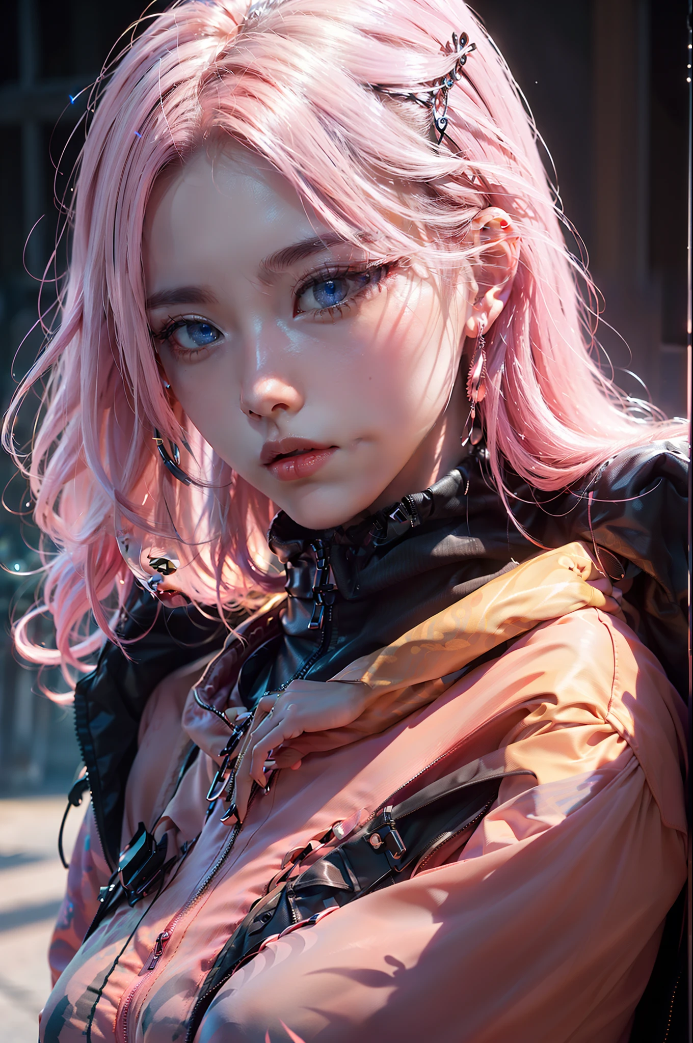 (extremely detailed CG unity 8k wallpaper,masterpiece, best quality, ultra-detailed, beautiful detailed eyes:1.2),best illumination, (best shadow, an extremely delicate and beautiful, bloom),
1gril,solo,pink eyes,pink hair,
neon_woman