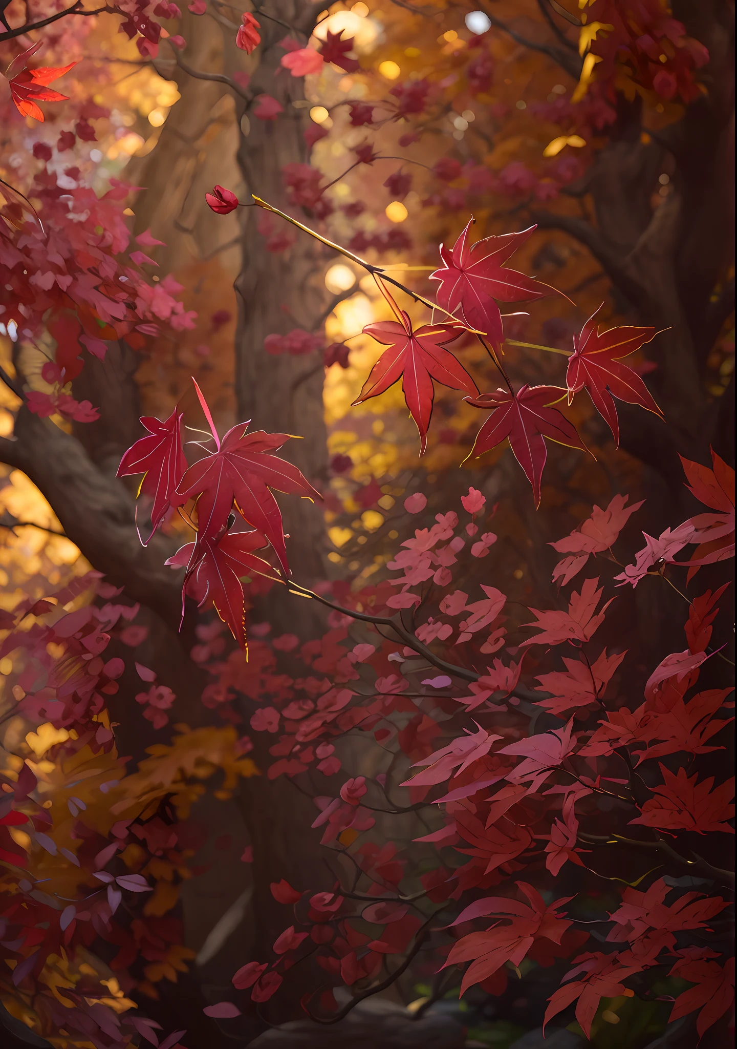 Red peak leaves，casey weldon、Olga Kvasha、A flower of Miho Hirano，Ultra-detailed complex Gothic art trends on Artstation Ternary Color Unreal Engine 5 Detailed matte painting in Unreal Engine 5，deep colour，dream magical，complexdetails，splash image，complementary colours，fantasy concept art，8K分辨率，A masterpiece of Gothic deviation art，（Dark shots：0.9），The art of Greg Rutkowski and Artgerm，Soft cinematic light，Adobe Lightroom， photolab， HDR， 复杂， highly  detailed， Pink cherry blossoms， wanostyle