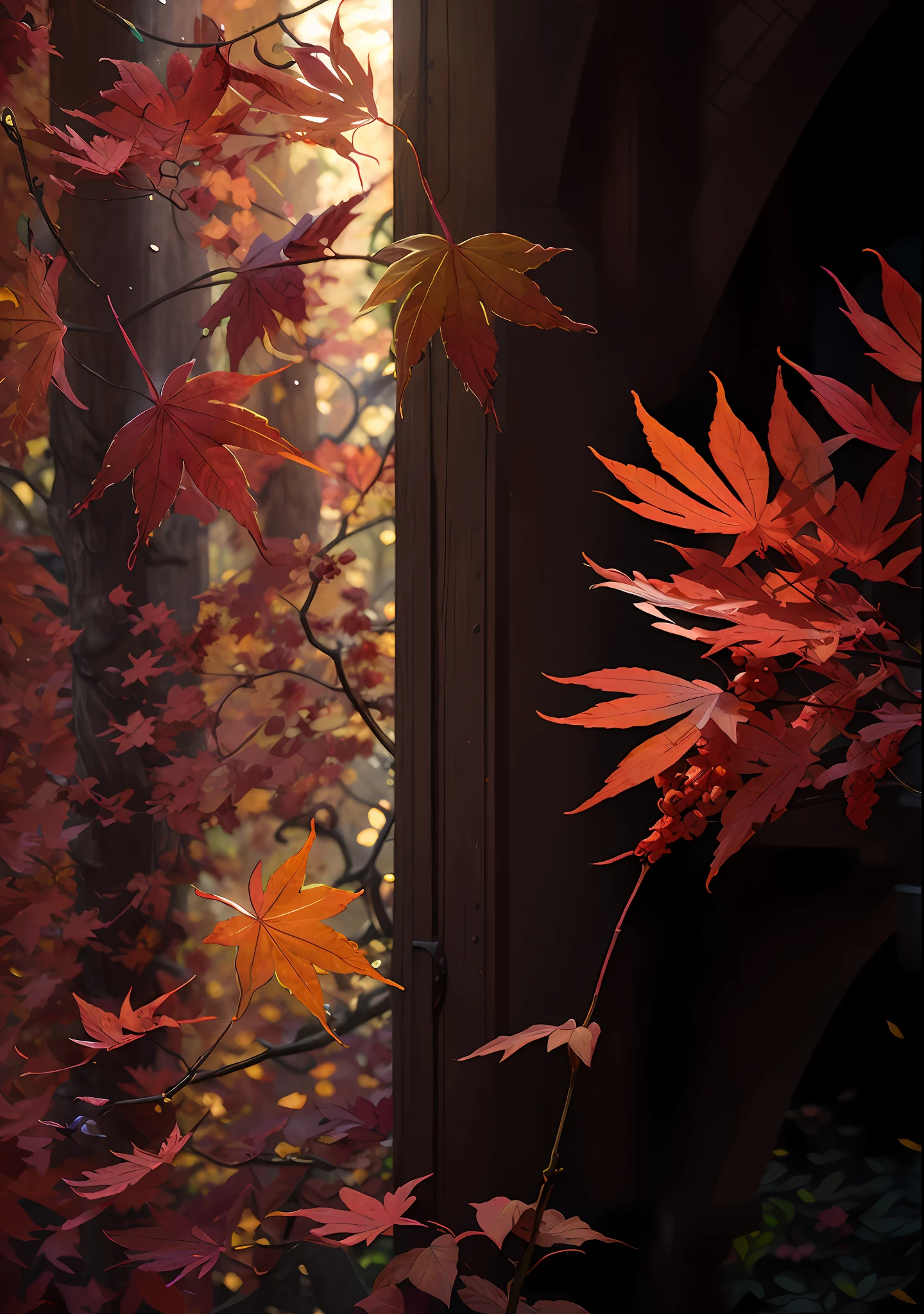 Maple red leaves，casey weldon、Olga Kvasha、A flower of Miho Hirano，Ultra-detailed complex Gothic art trends on Artstation Ternary Color Unreal Engine 5 Detailed matte painting in Unreal Engine 5，deep colour，dream magical，complexdetails，splash image，complementary colours，fantasy concept art，8K分辨率，A masterpiece of Gothic deviation art，（Dark shots：0.9），The art of Greg Rutkowski and Artgerm，Soft cinematic light，Adobe Lightroom， photolab， HDR， 复杂， highly  detailed， Pink cherry blossoms， wanostyle