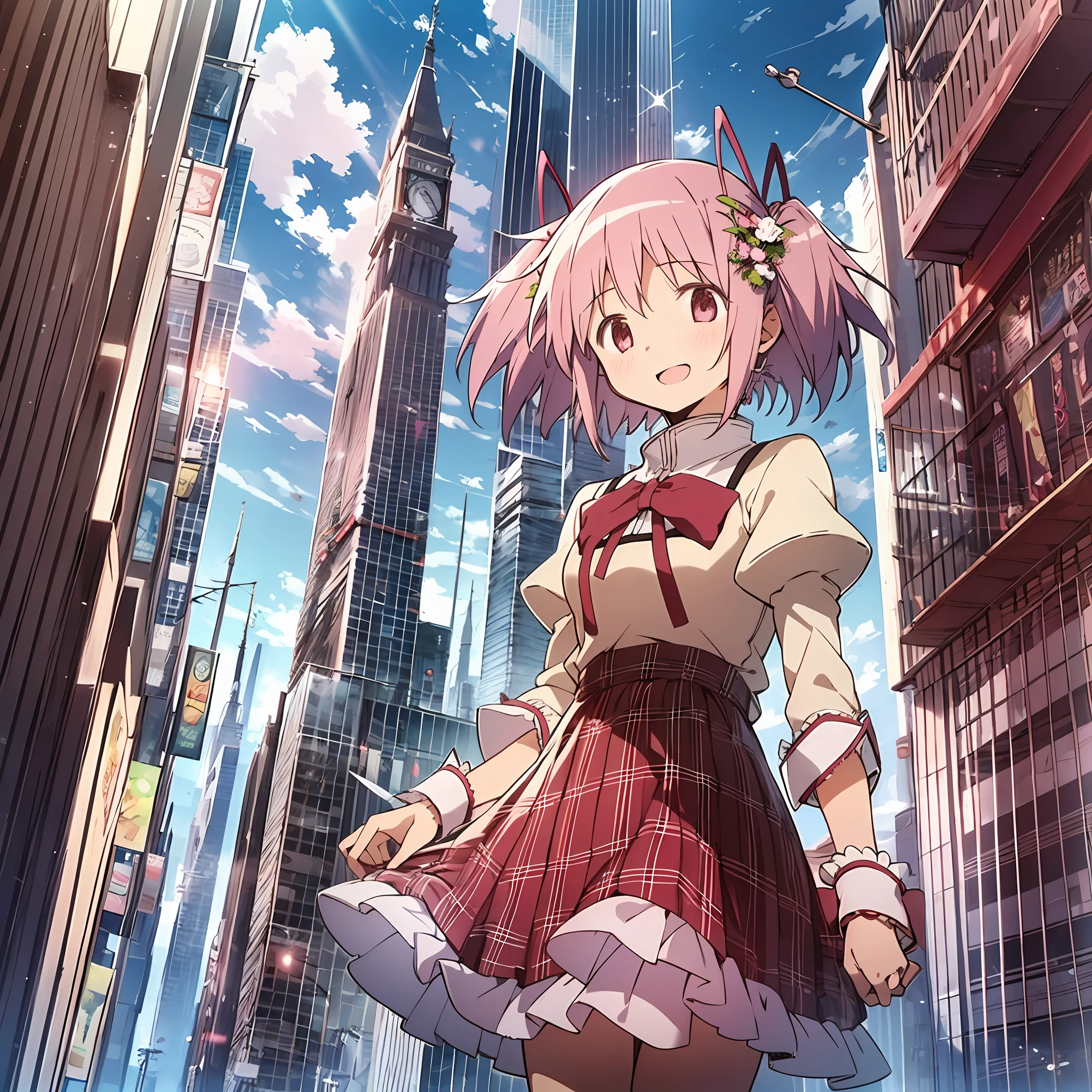 best quality, abusurdity, 1girl, solo, pink hair, magical girl, dress, cute, girlish, fancy, madoka, city, detailed background