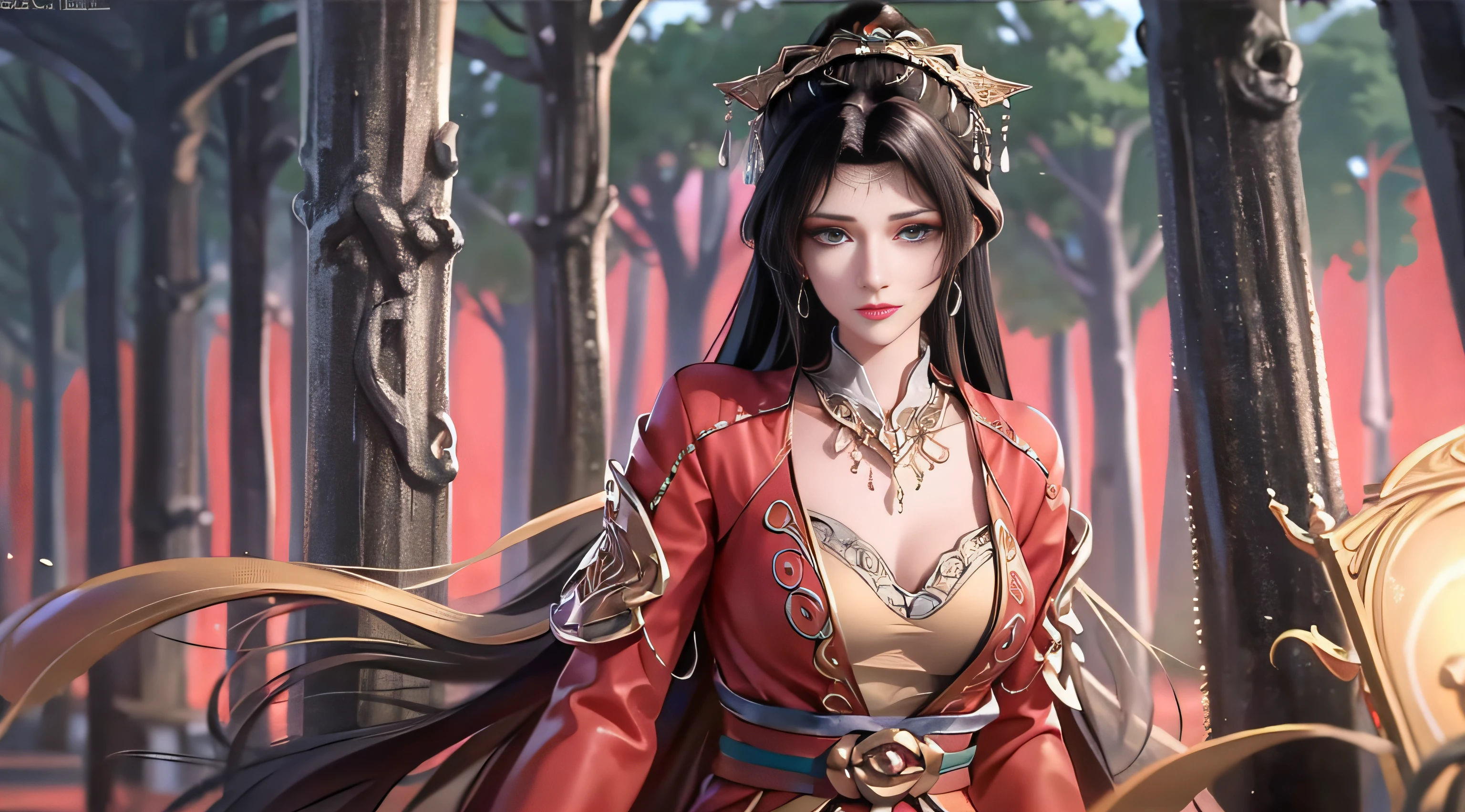 best qualtiy，tmasterpiece，Extremely Delicately Beautiful，The is very detailed，CG，unified，8k wallpaper，Beautiful meticulous girl，（very vey very detailed face）， 1girll，solo，The whole body leans against the trees by the sea，Wearing a long red dress，large tities