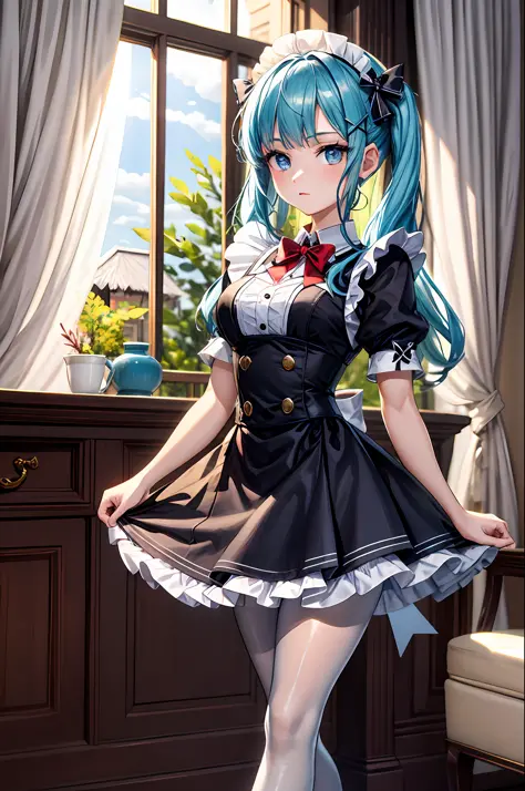 （tmasterpiece：2.0，best qualtiy），（Fine beautiful eyes：2.0），ph_REM，Remhd，1girll，Blue hair，独奏，eBlue eyes，x hair accessories，legs or...