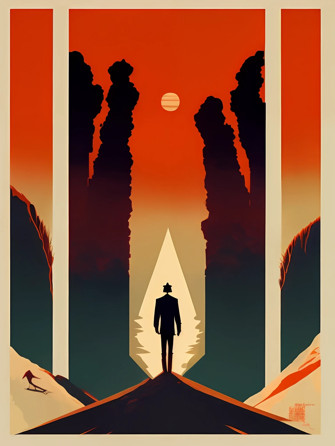 a poster of a man standing in front of a tunnel with a sunset in the background by Olly Moss